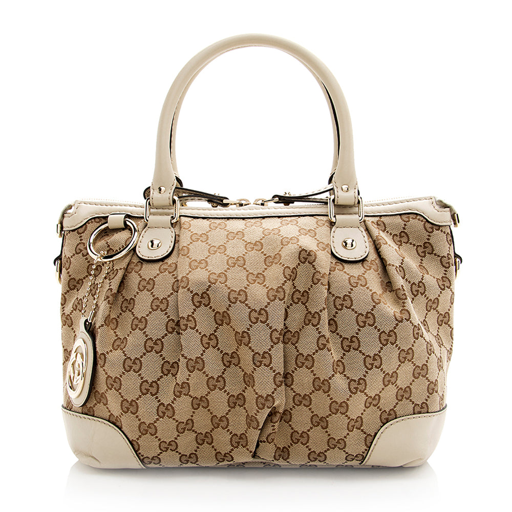 Gucci GG Sukey Top Handle SHF Leather Canvas White Beige Satchel Bag