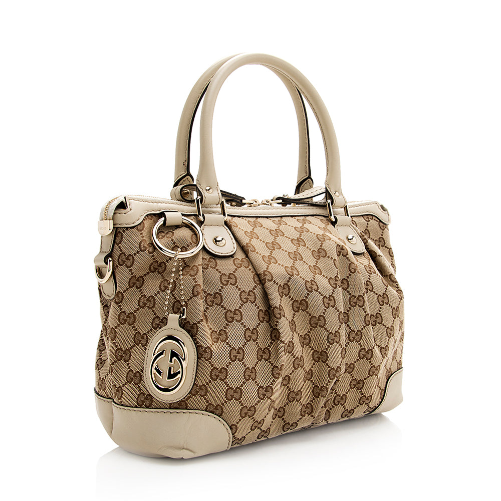 Gucci GG Sukey Top Handle SHF Leather Canvas White Beige Satchel Bag