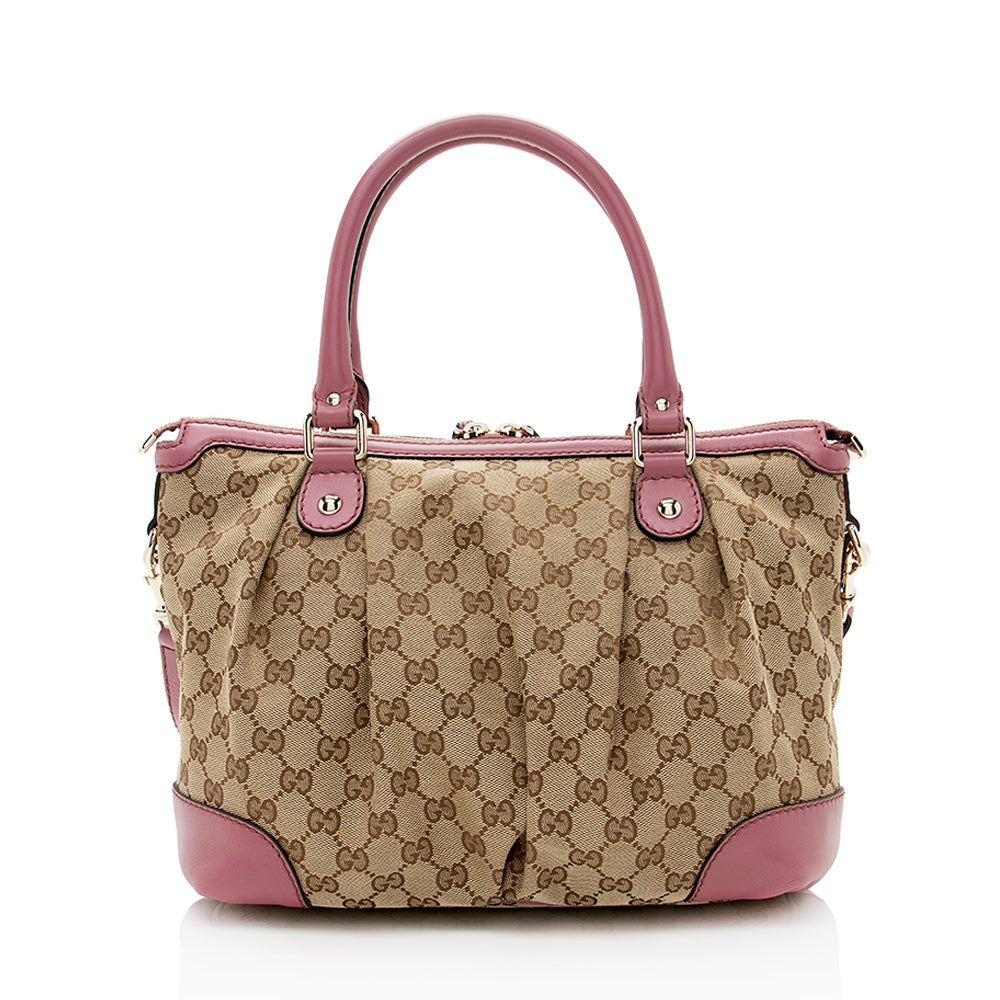 Gucci GG Sukey Top Handle SHF Leather Canvas Beige Pink Satchel Bag