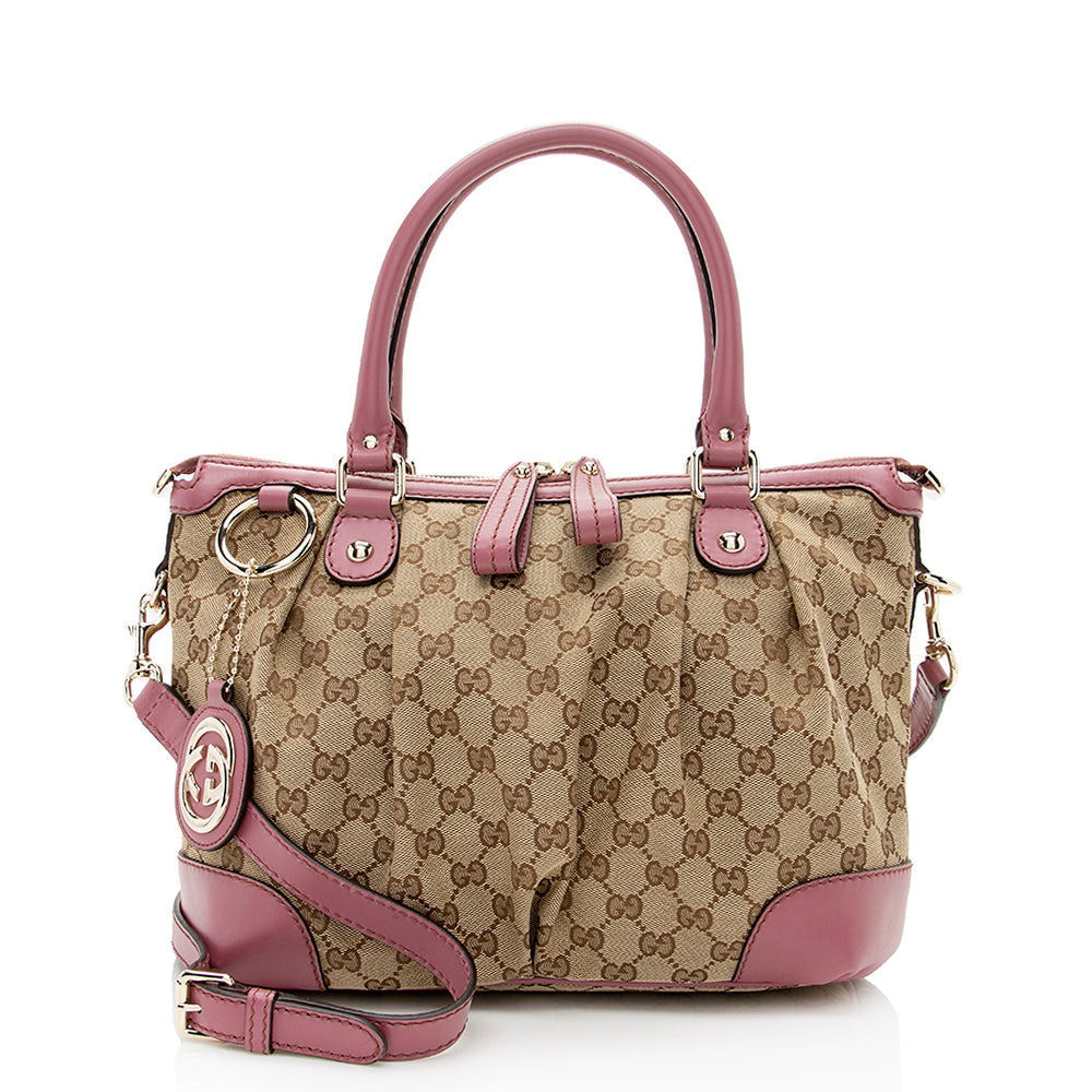 Gucci GG Sukey Top Handle SHF Leather Canvas Beige Pink Satchel Bag