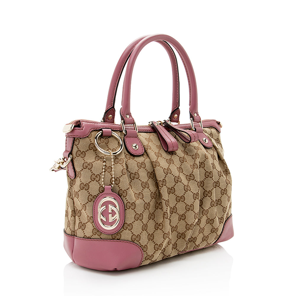 Gucci GG Sukey Top Handle SHF Leather Canvas Beige Pink Satchel Bag
