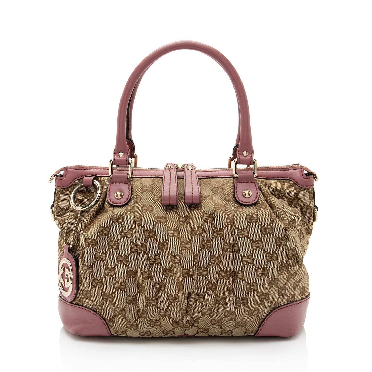 Gucci GG Sukey SHF-pOZTUq Leather Canvas Beige Pink Satchel Bag