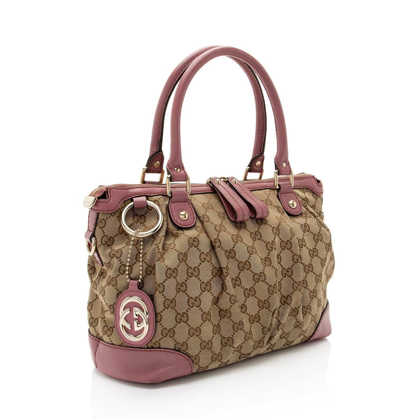 Gucci GG Sukey SHF-pOZTUq Leather Canvas Beige Pink Satchel Bag