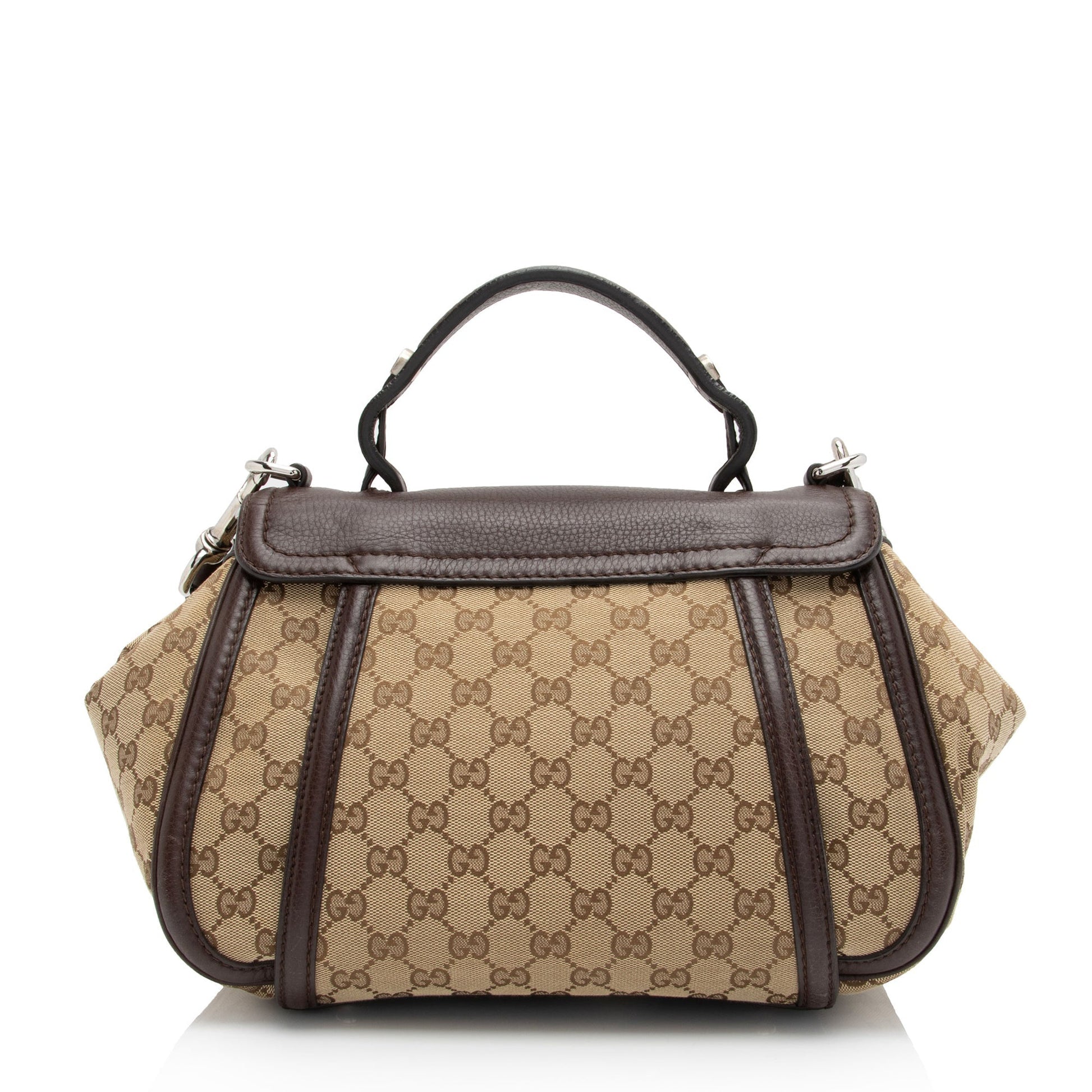 Gucci GG Techno Horsebit Top Handle Leather Canvas Brown Beige Shoulder Bag