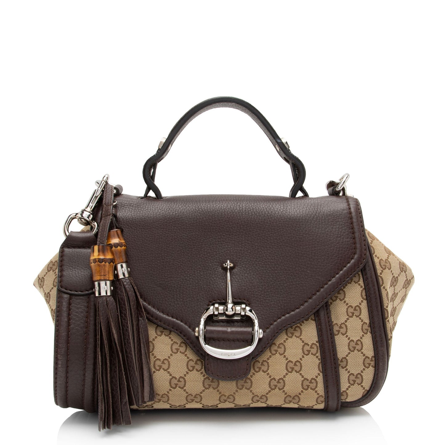 Gucci GG Techno Horsebit Top Handle Leather Canvas Brown Beige Shoulder Bag