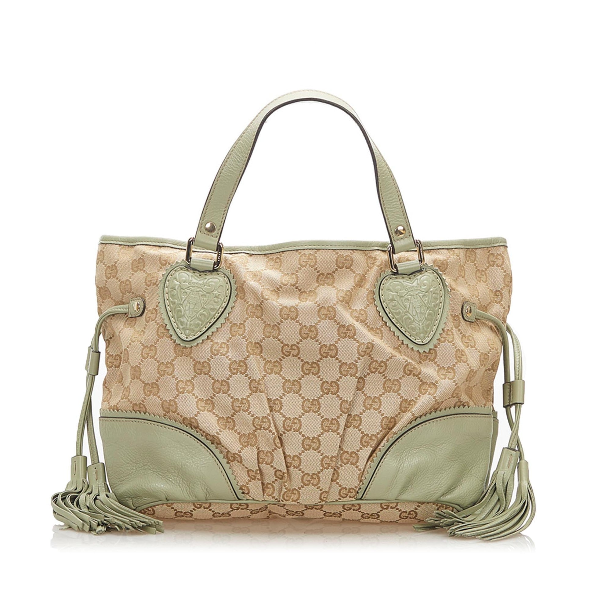 Gucci GG SHG Canvas Brown Green Tote Bag Bag Shg