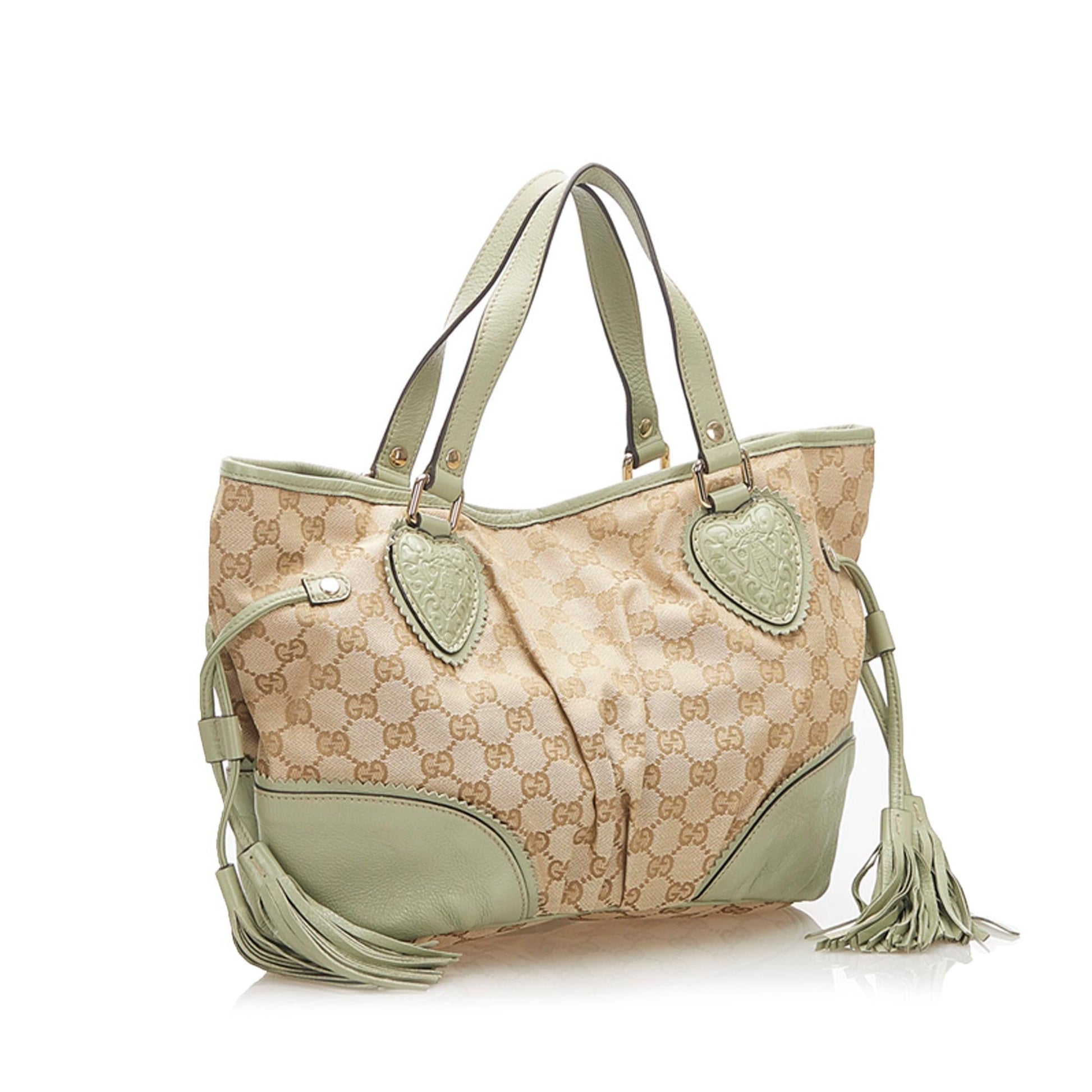 Gucci GG SHG Canvas Brown Green Tote Bag Bag Shg