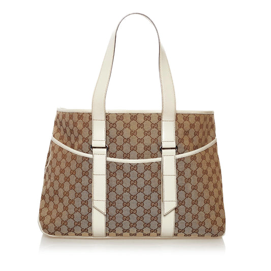 Gucci GG SHG Canvas White Brown Tote Bag Bag Shg