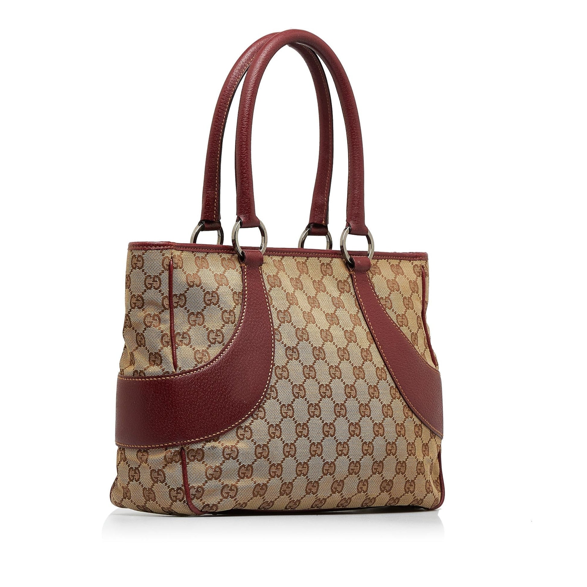 Gucci GG SHG-5gRQ8d Canvas Calf Brown Red Tote Bag