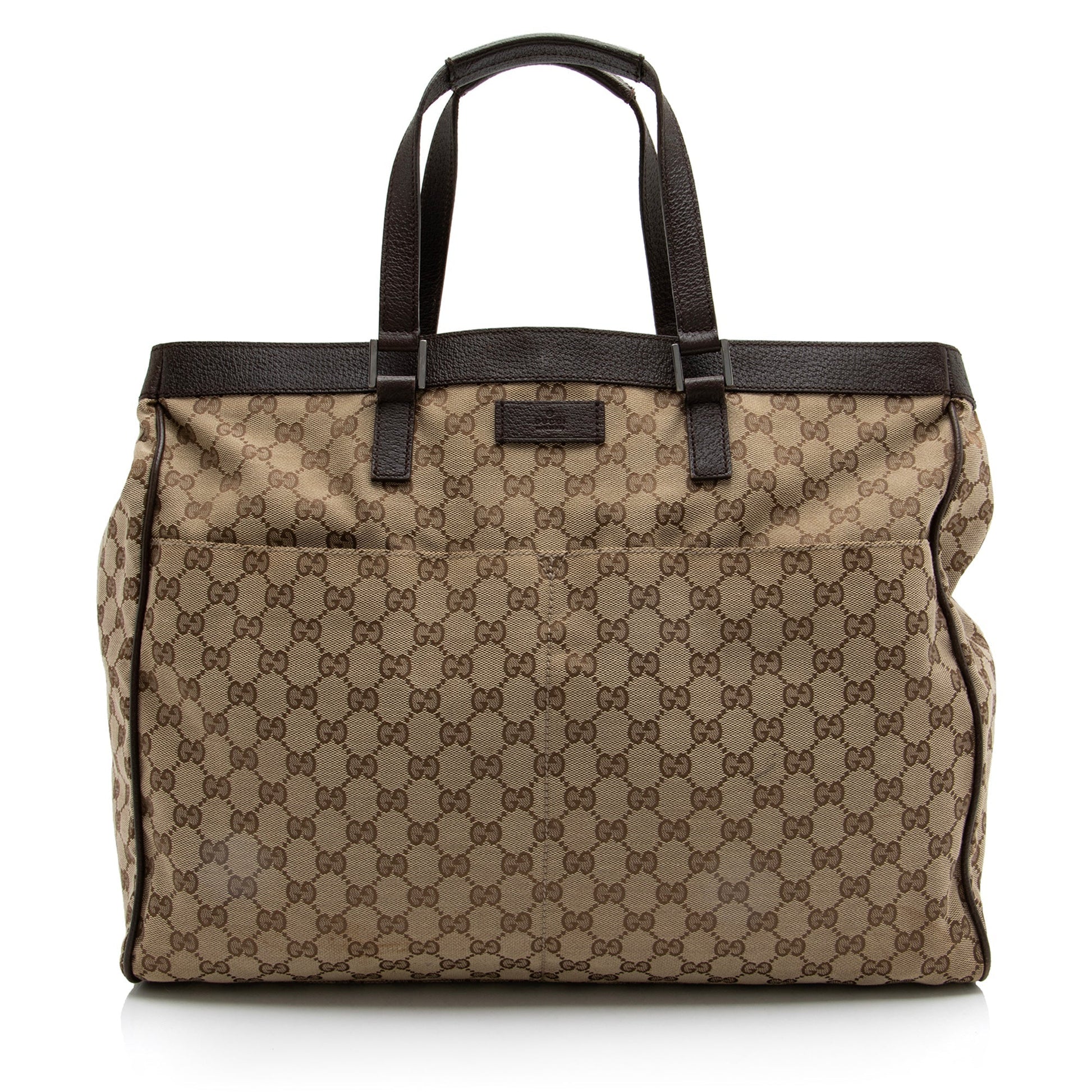 Gucci GG SHF Leather Canvas Brown Beige Tote Bag