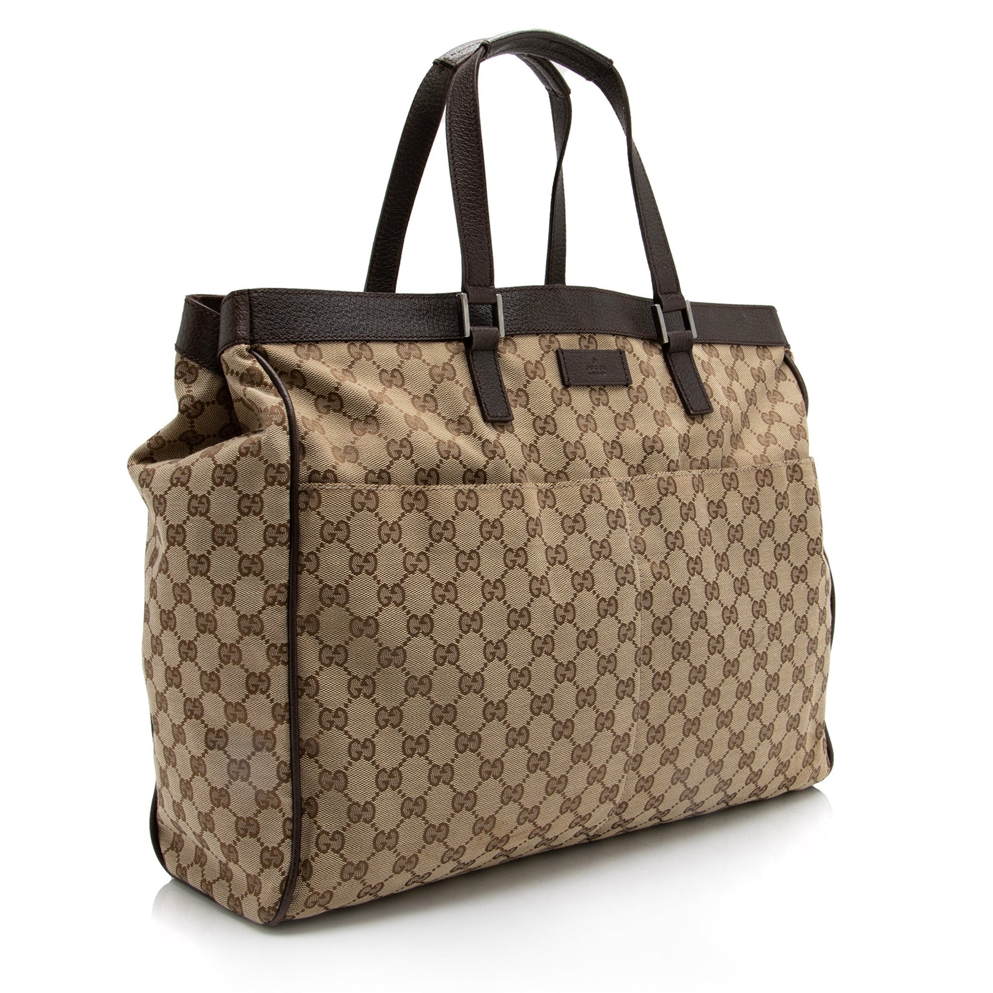 Gucci GG SHF Leather Canvas Brown Beige Tote Bag