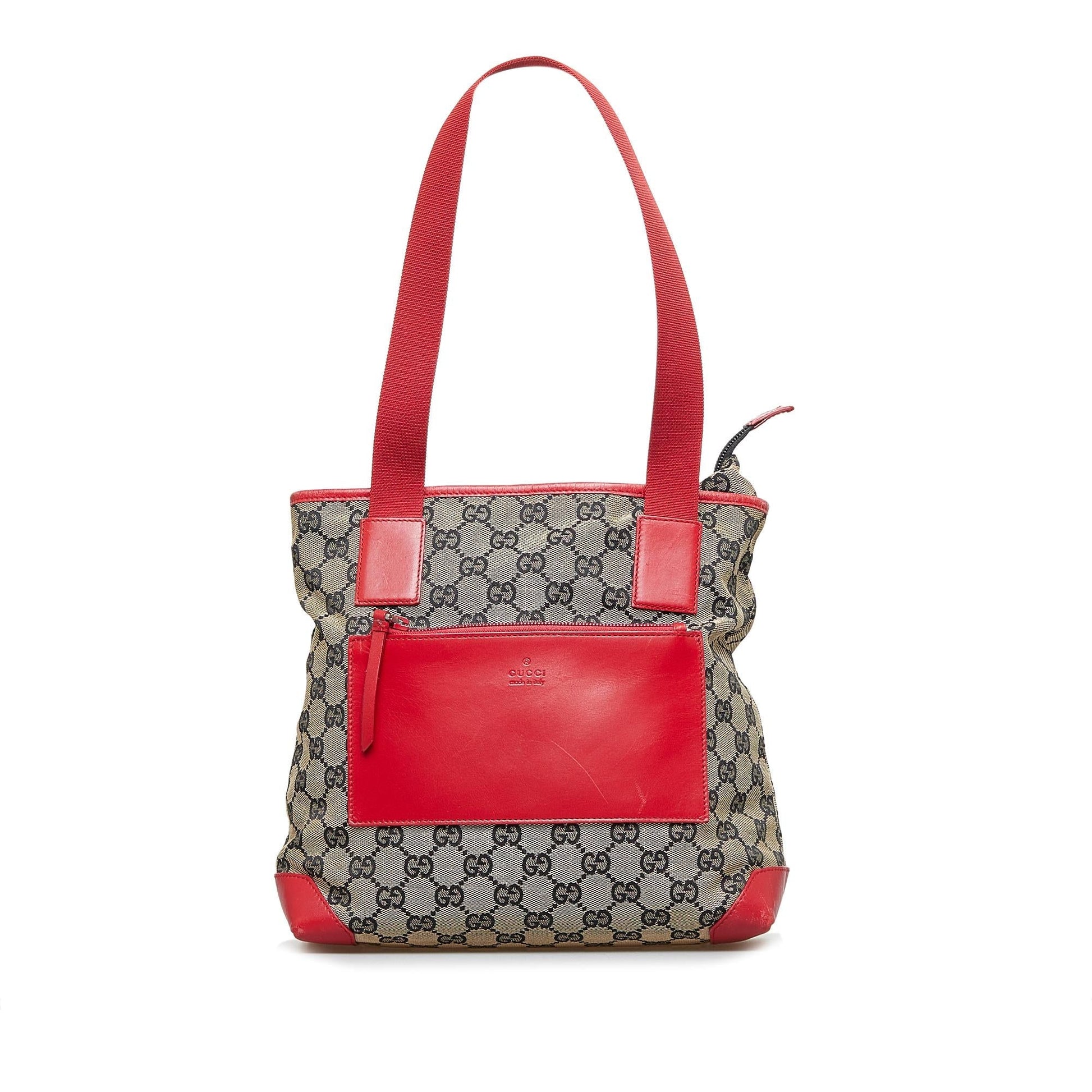 Gucci GG SHG-QDQOlm Canvas Calf Red Grey Tote Bag