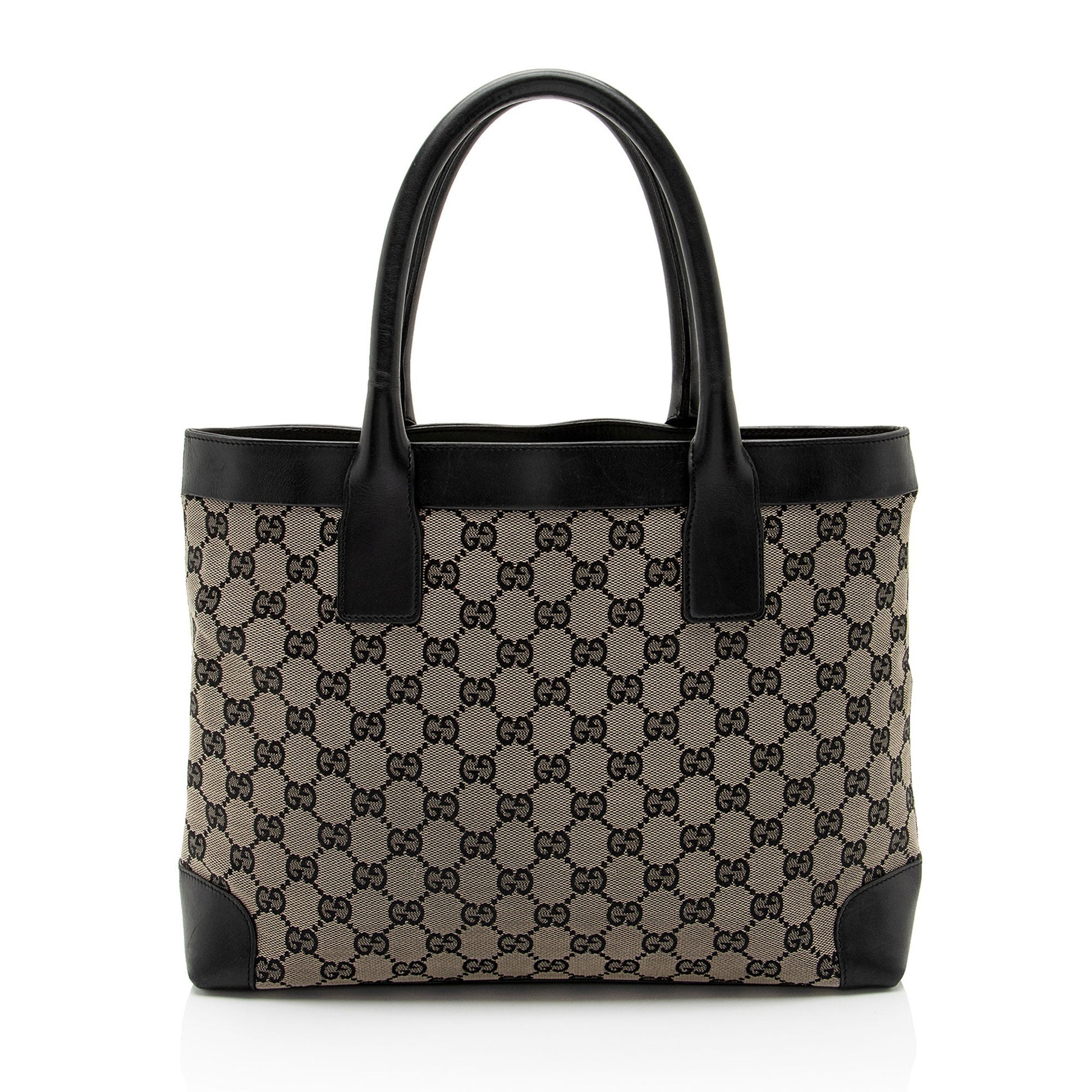 Gucci GG SHF-PZuc5z Leather Canvas Black Beige Tote Bag