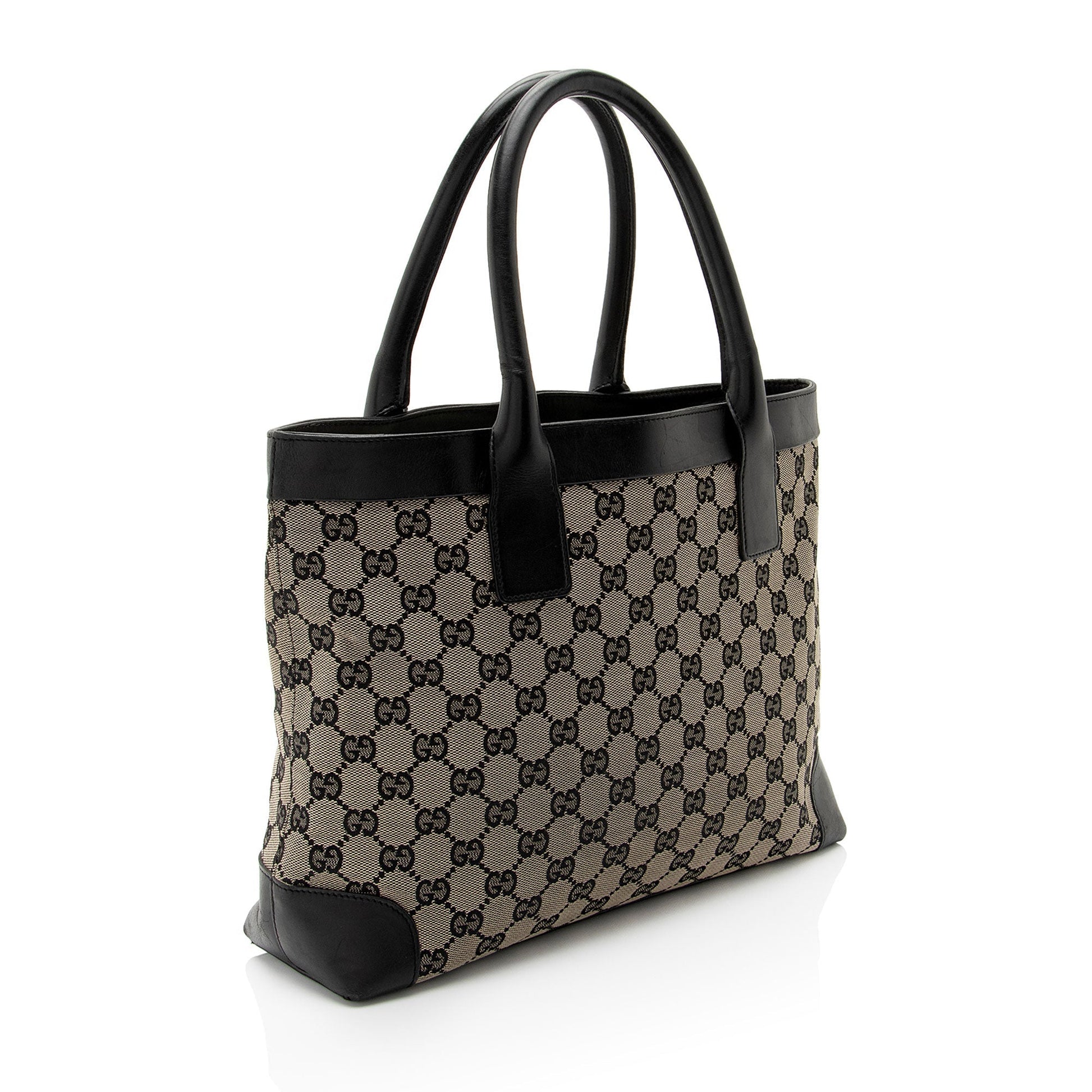 Gucci GG SHF-PZuc5z Leather Canvas Black Beige Tote Bag