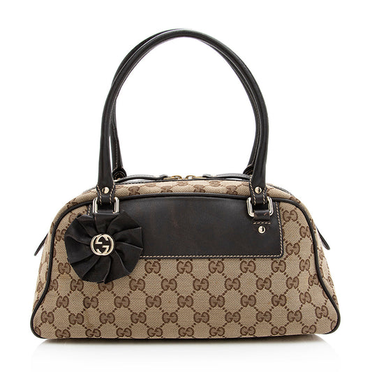 Gucci GG Trophy Boston SHF Leather Canvas Brown Beige Satchel Bag