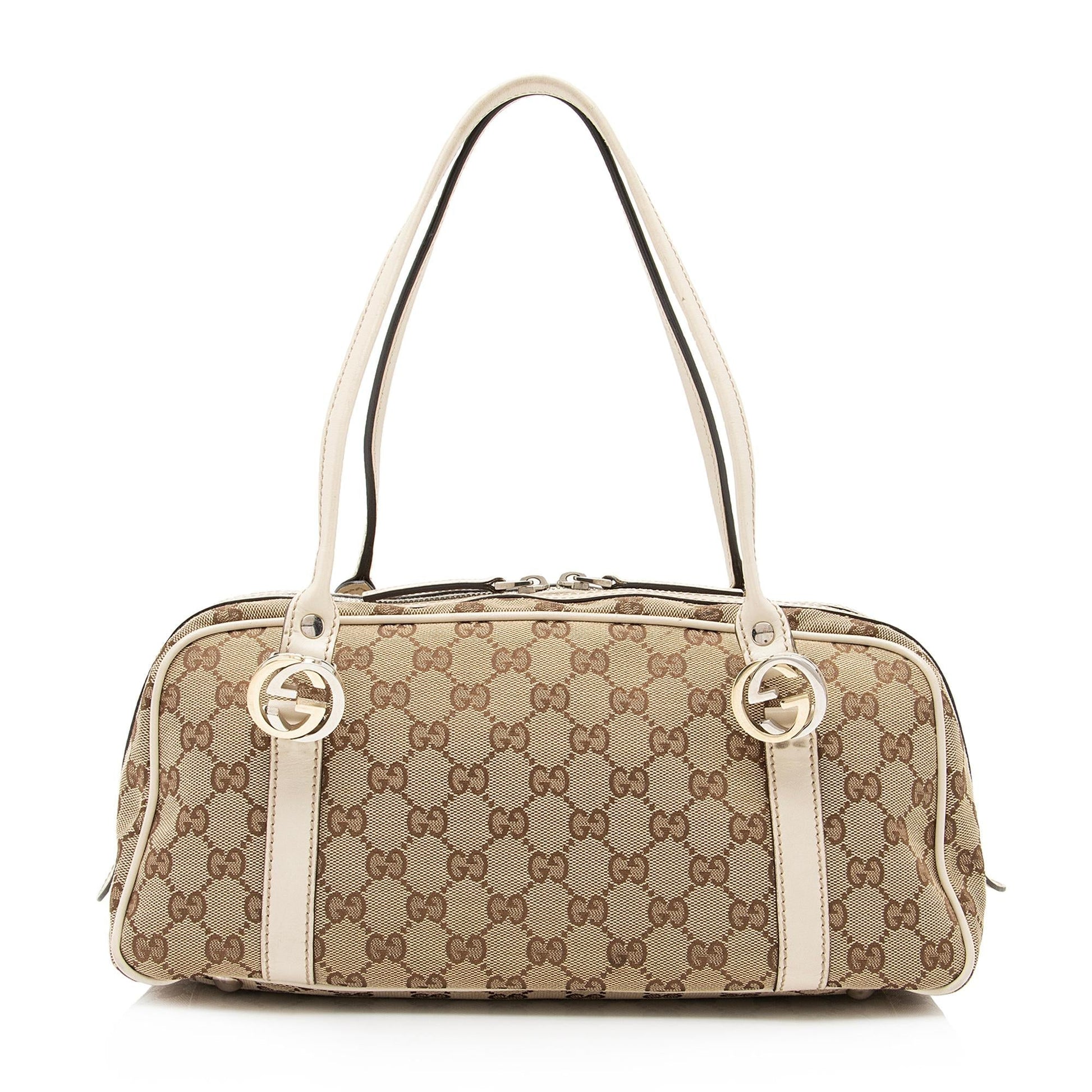 Gucci GG Twins Boston SHF-SVoyHp Leather Canvas White Beige Satchel Bag