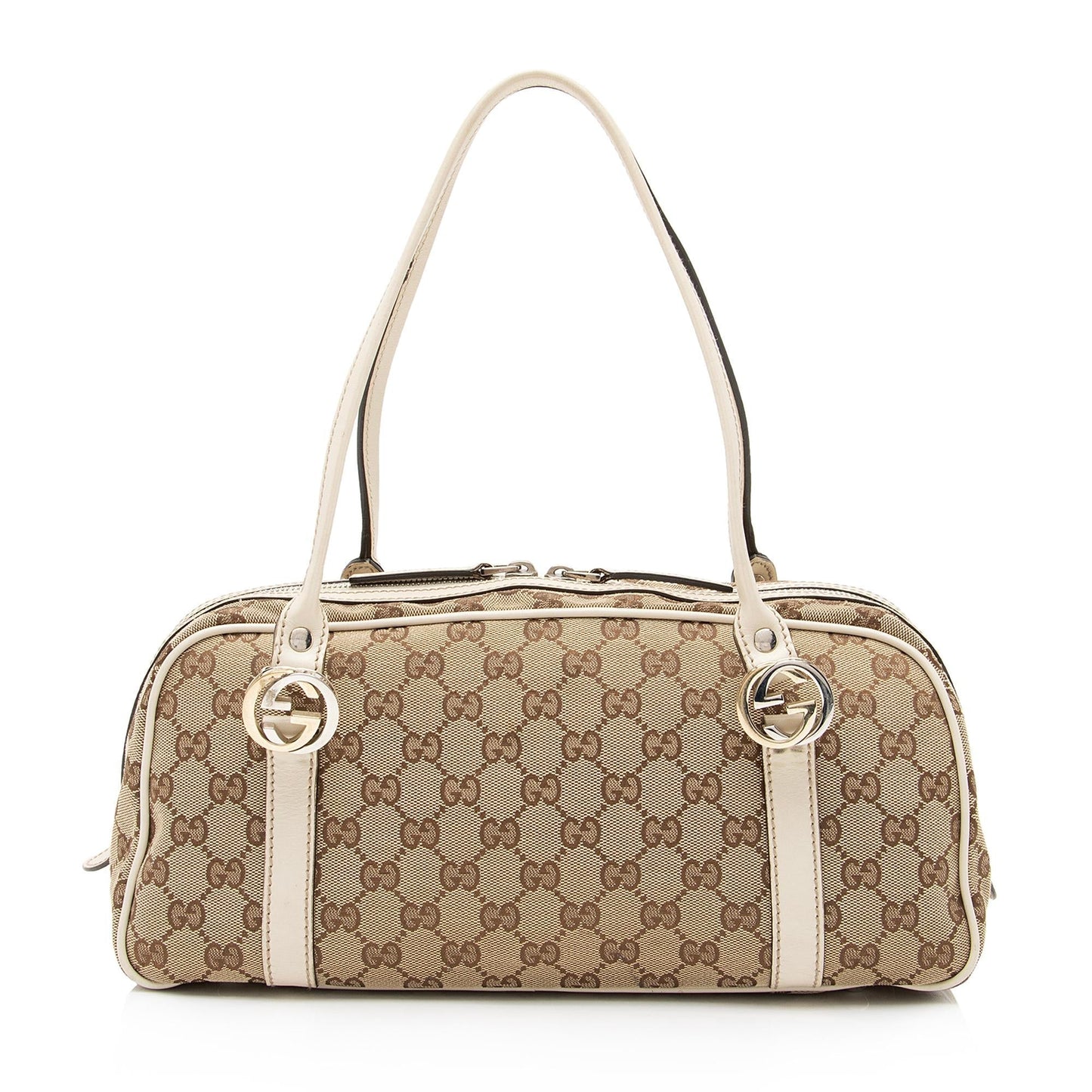 Gucci GG Twins Boston SHF-SVoyHp Leather Canvas White Beige Satchel Bag