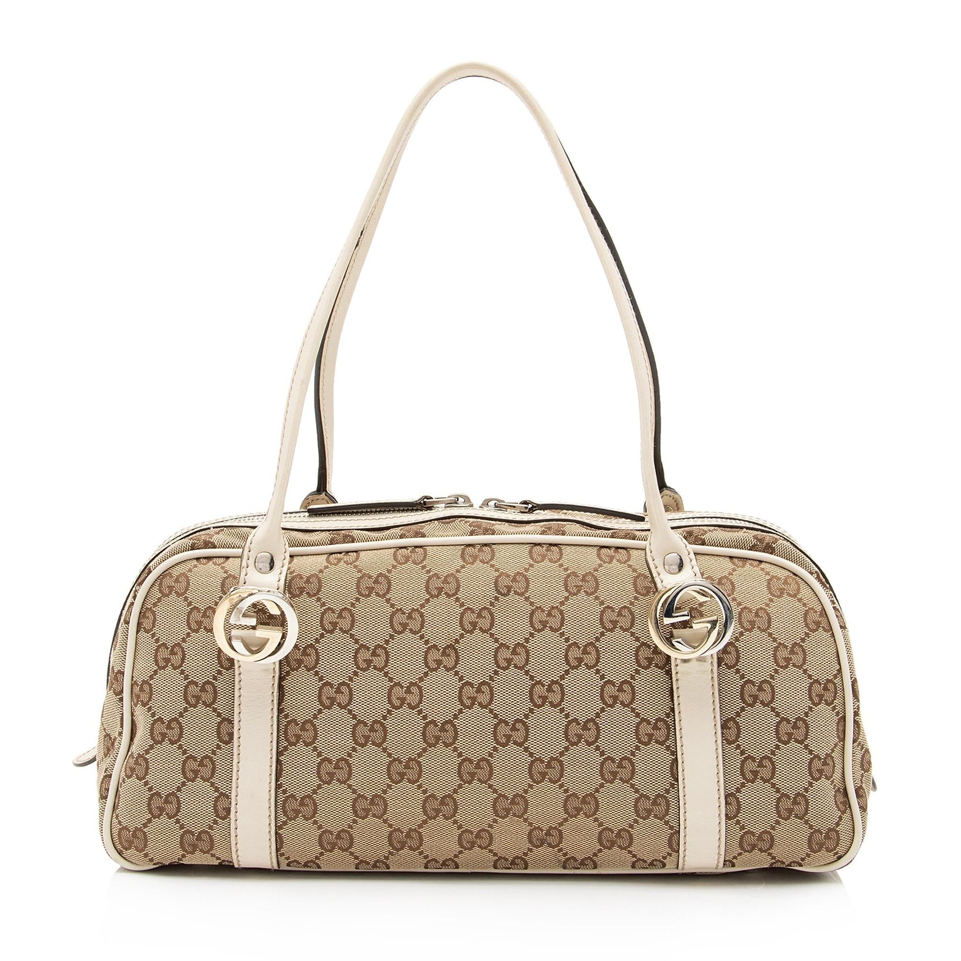 Gucci GG Twins Boston SHF-SVoyHp Leather Canvas White Beige Satchel Bag