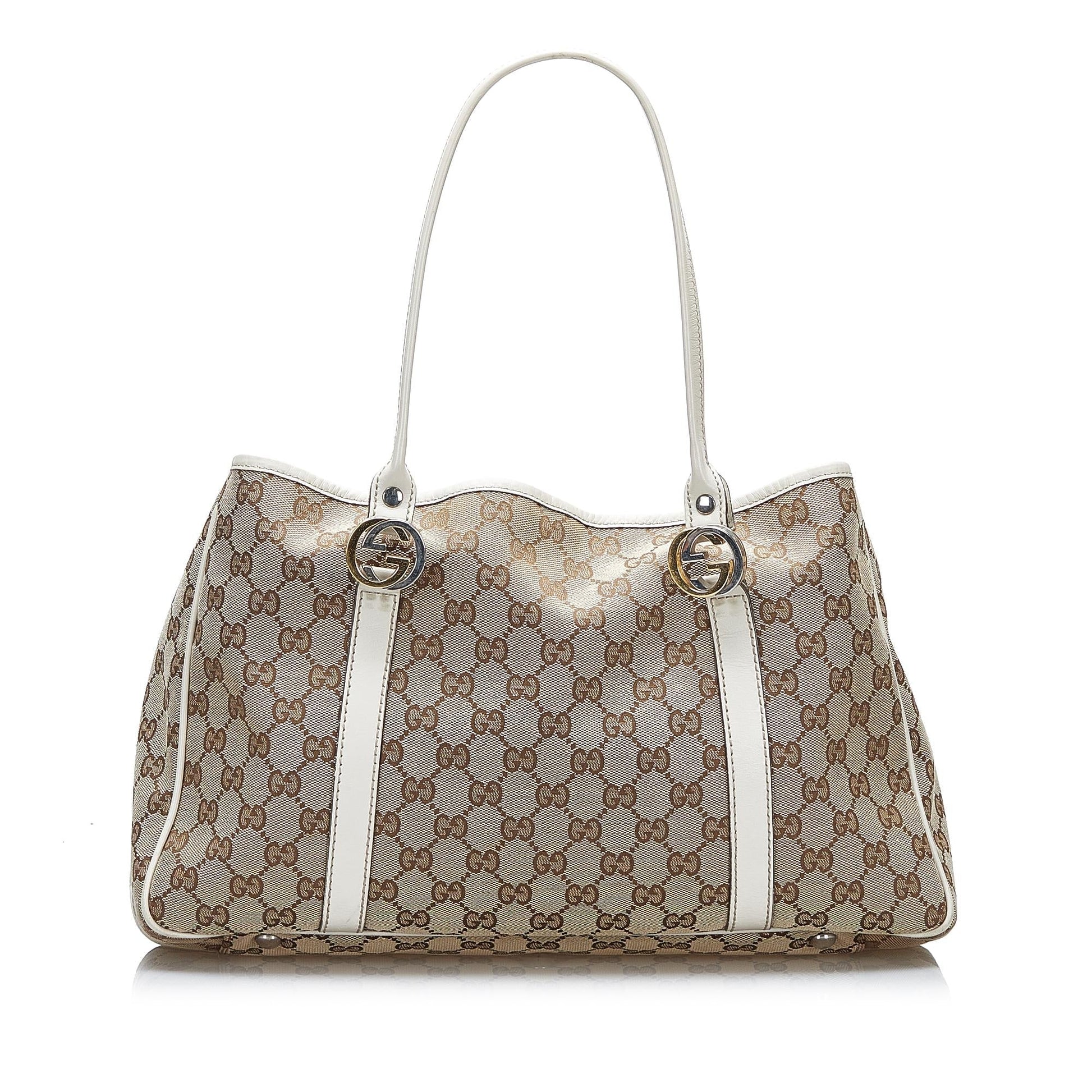 Gucci GG Twins SHG-gu3wR2 Canvas Calf White Brown Tote Bag