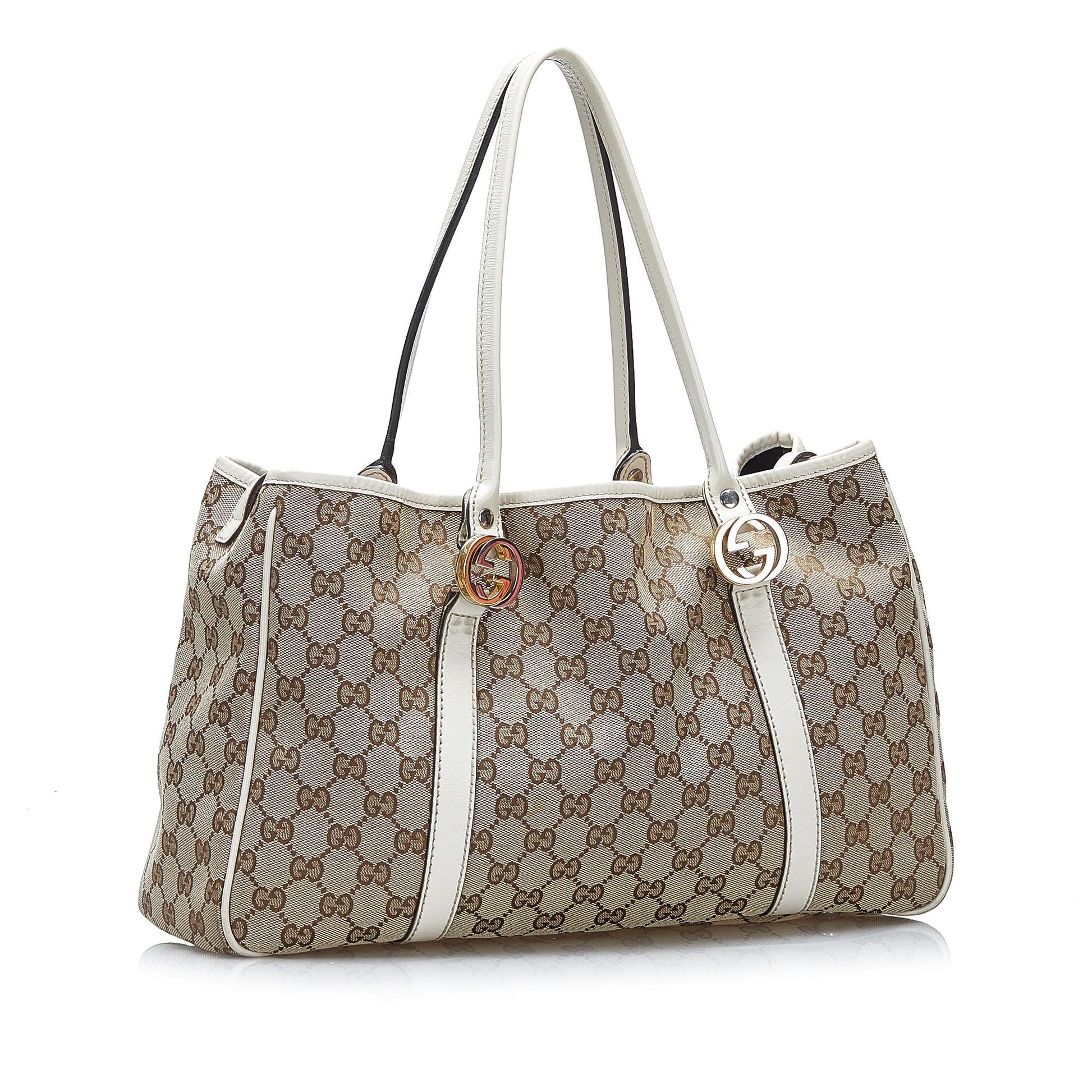 Gucci GG Twins SHG-gu3wR2 Canvas Calf White Brown Tote Bag