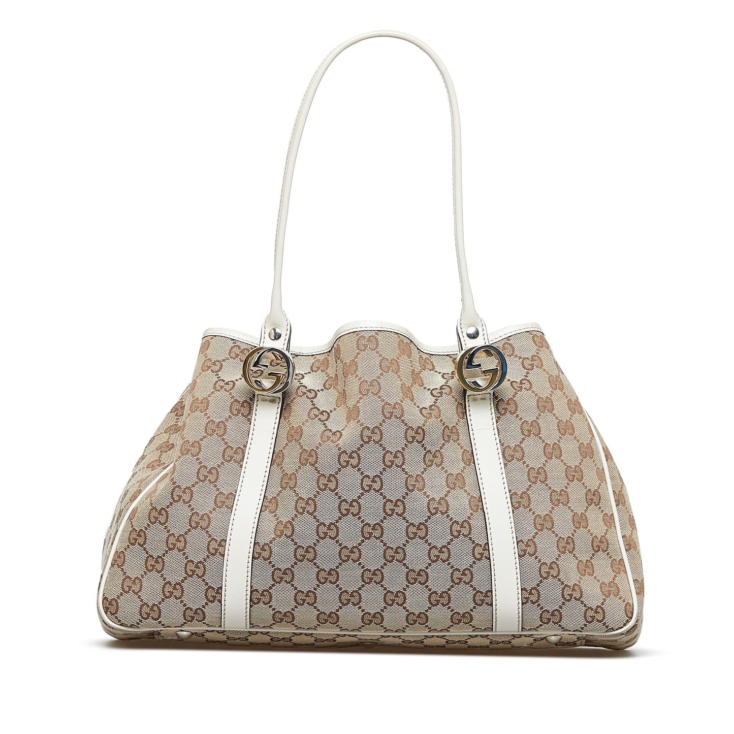 Gucci GG Twins SHG-04seb8 Canvas Calf White Brown Tote Bag