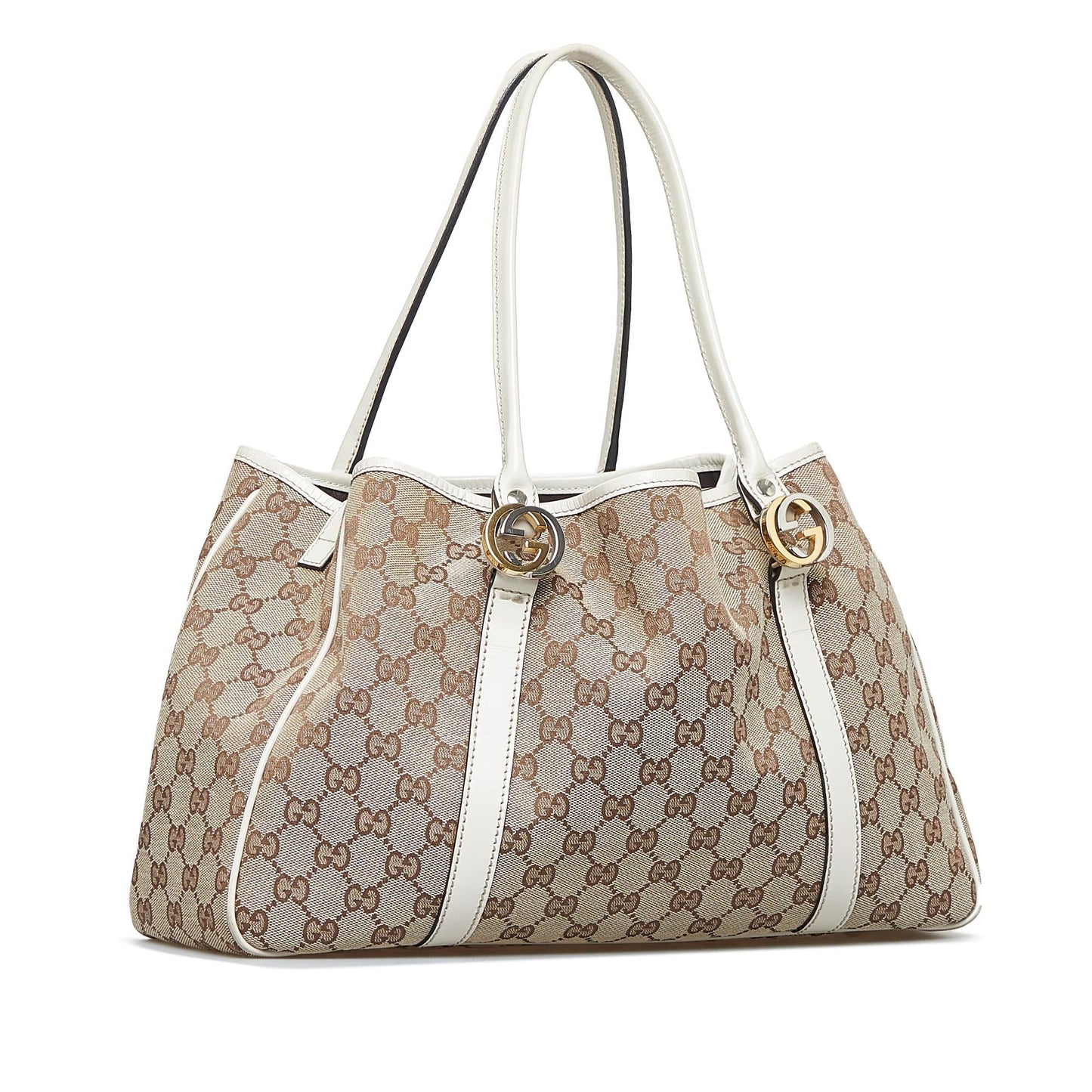 Gucci GG Twins SHG-04seb8 Canvas Calf White Brown Tote Bag