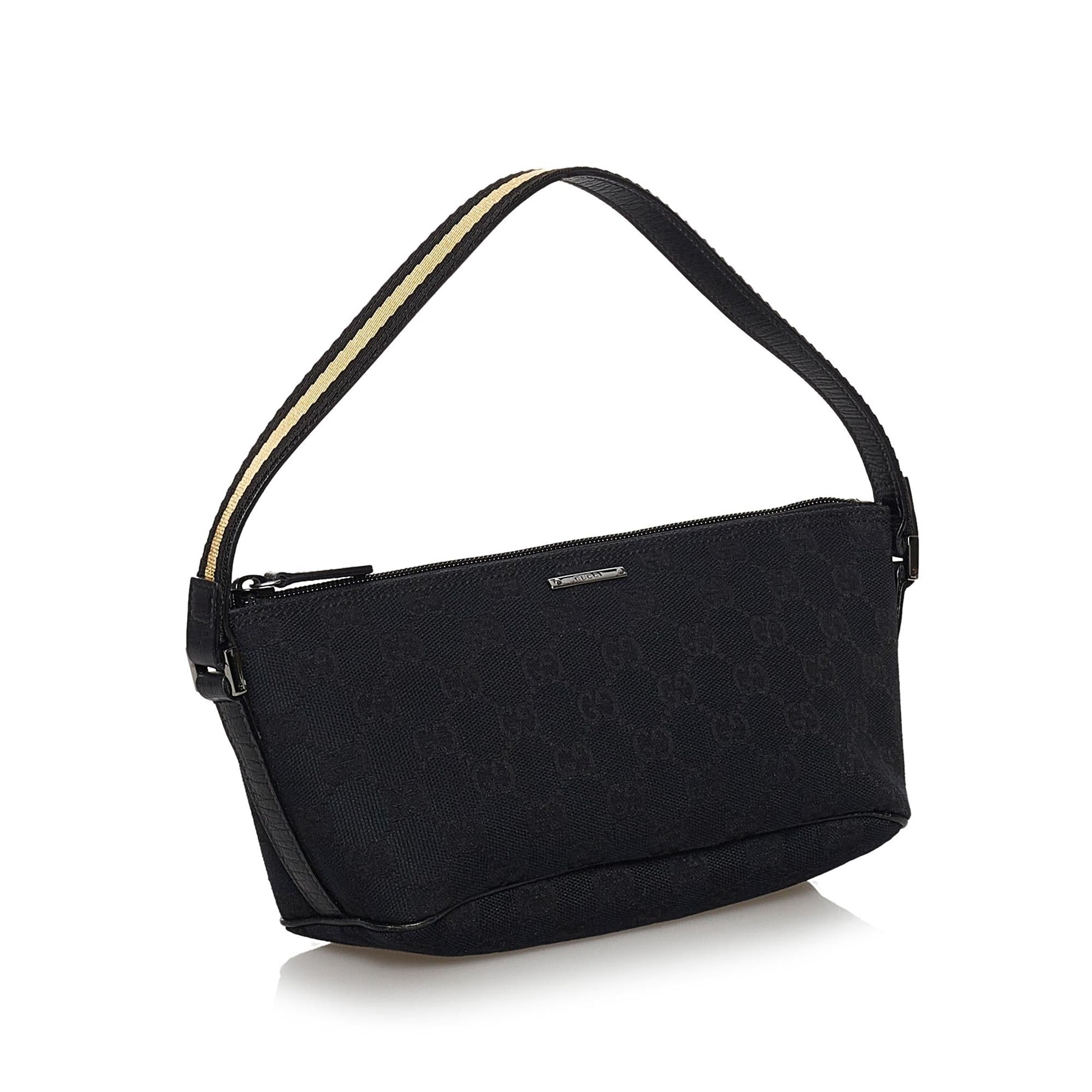 Gucci GG Web Boat Baguette SHG Canvas Calf Blue Handbag