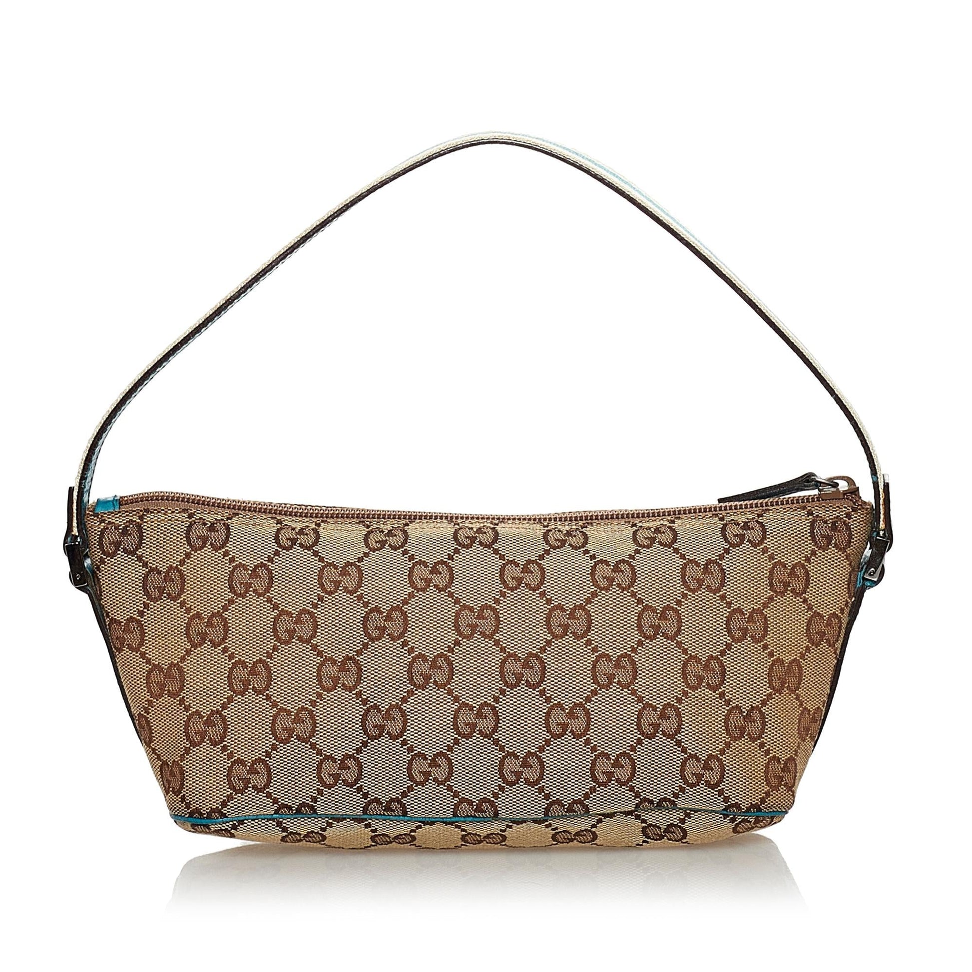 Gucci GG Web Boat Baguette SHG Canvas Brown Handbag
