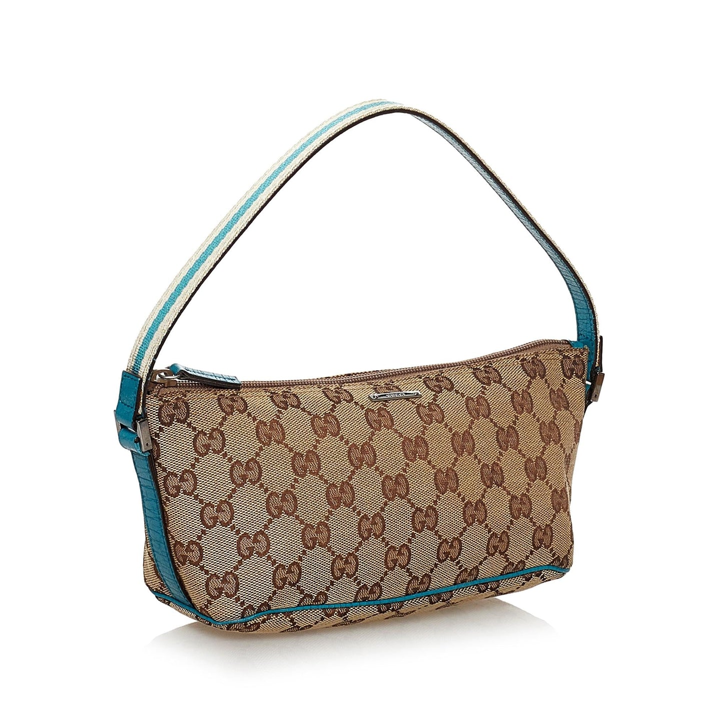 Gucci GG Web Boat Baguette SHG Canvas Brown Handbag