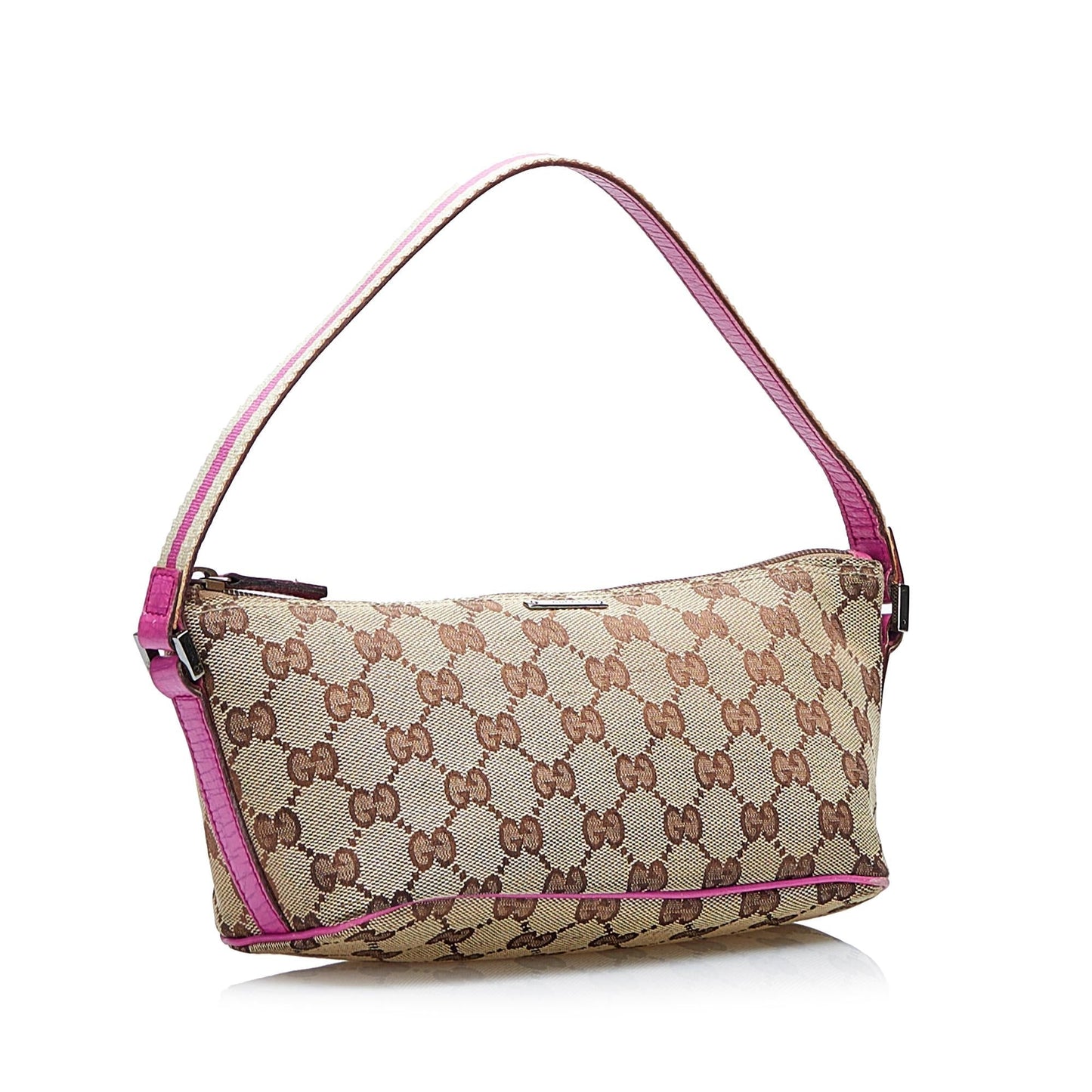 Gucci GG Web Boat Baguette SHG-O1BGQv Canvas Calf Brown Pink Handbag