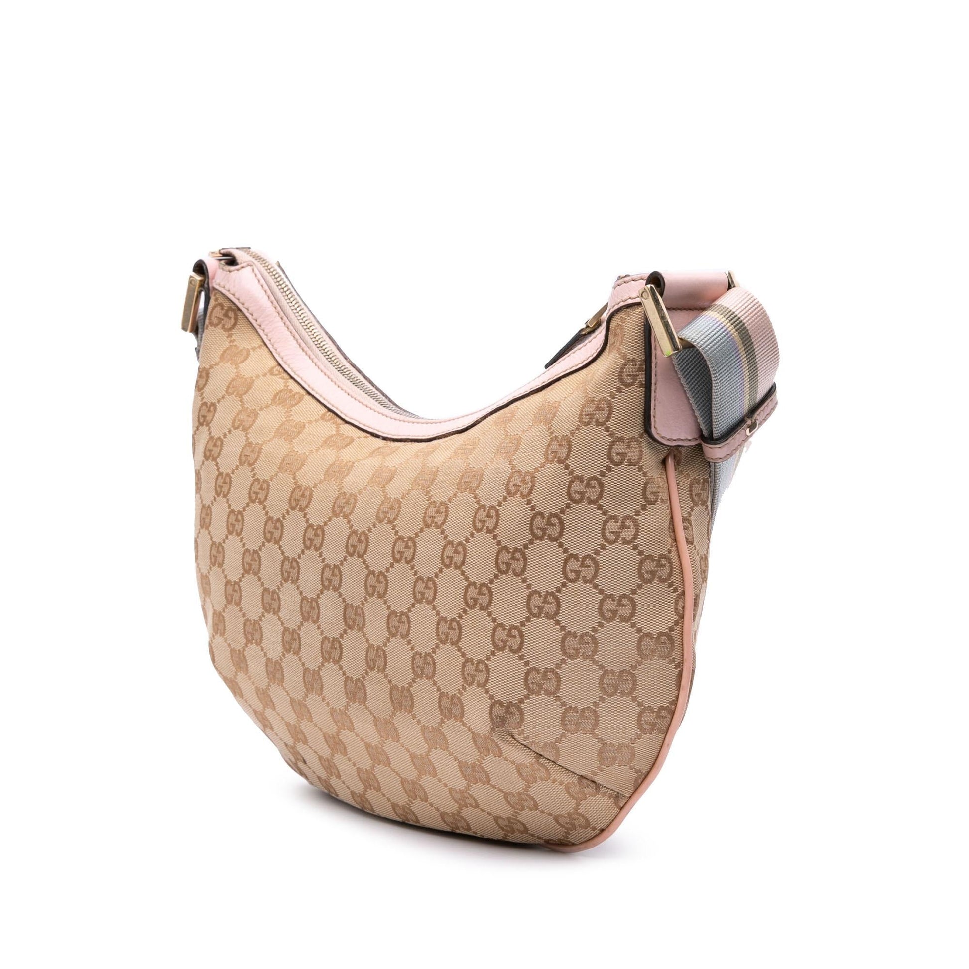 Gucci GG Web Canvas Calf Brown Pink Crossbody Bag