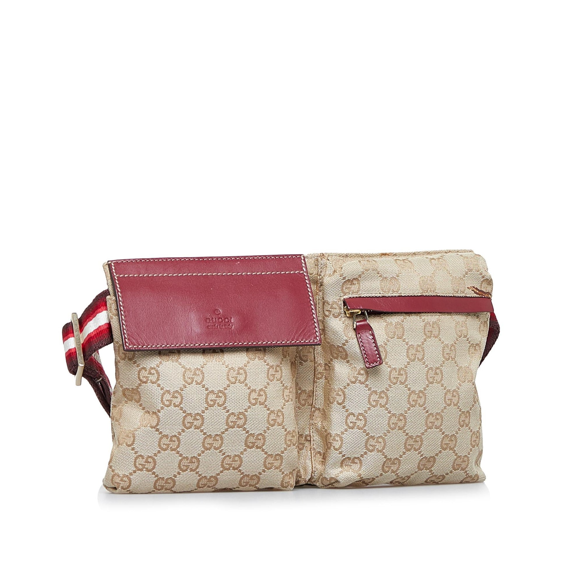 Gucci GG Web Double Pocket Belt Canvas Brown Accessory Shg Az2Vih