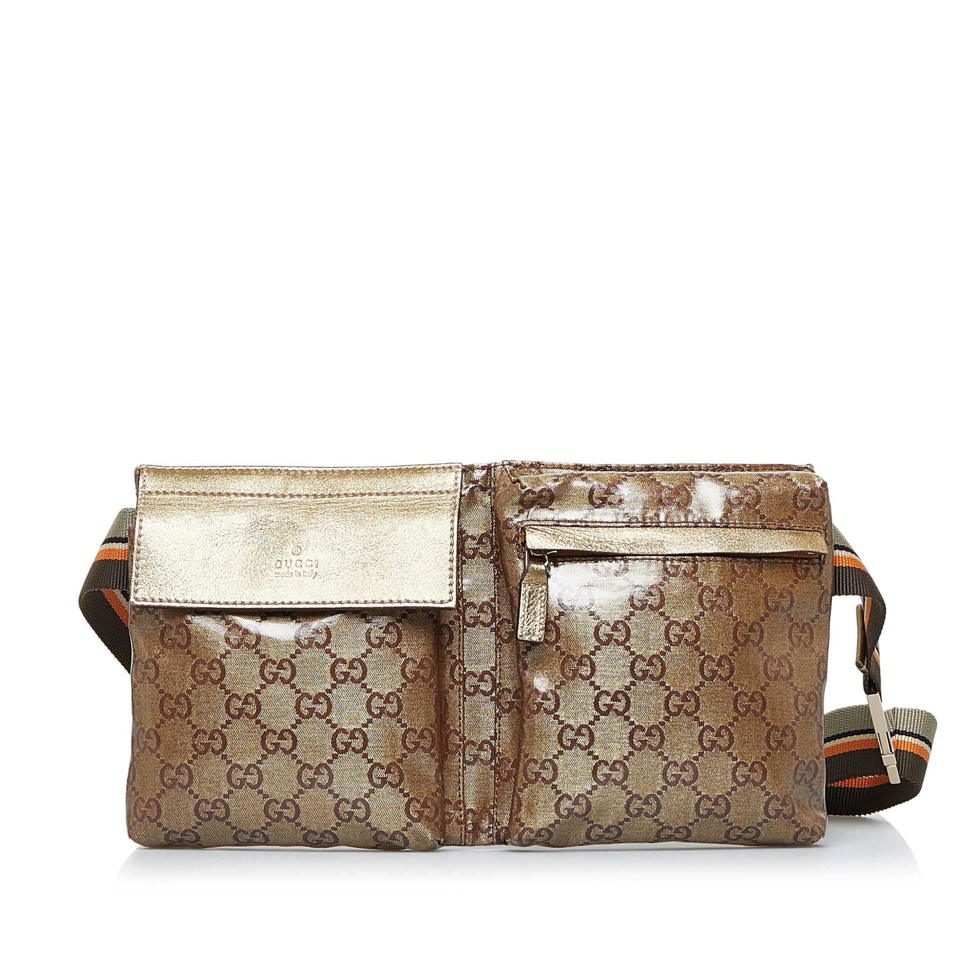 Gucci GG Web Double Pocket Belt Canvas Calf Brown Gold Accessory Shg Yzwufy