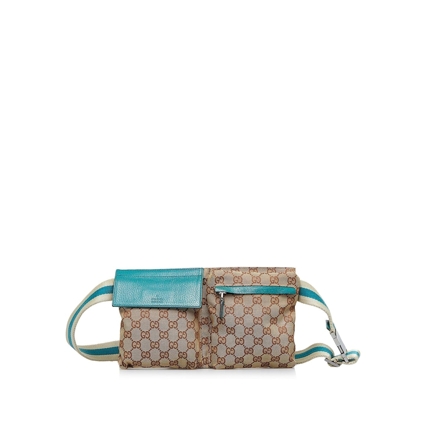 Gucci GG Web Double Pocket Belt Canvas Calf Brown Accessory Shg Fvauzx