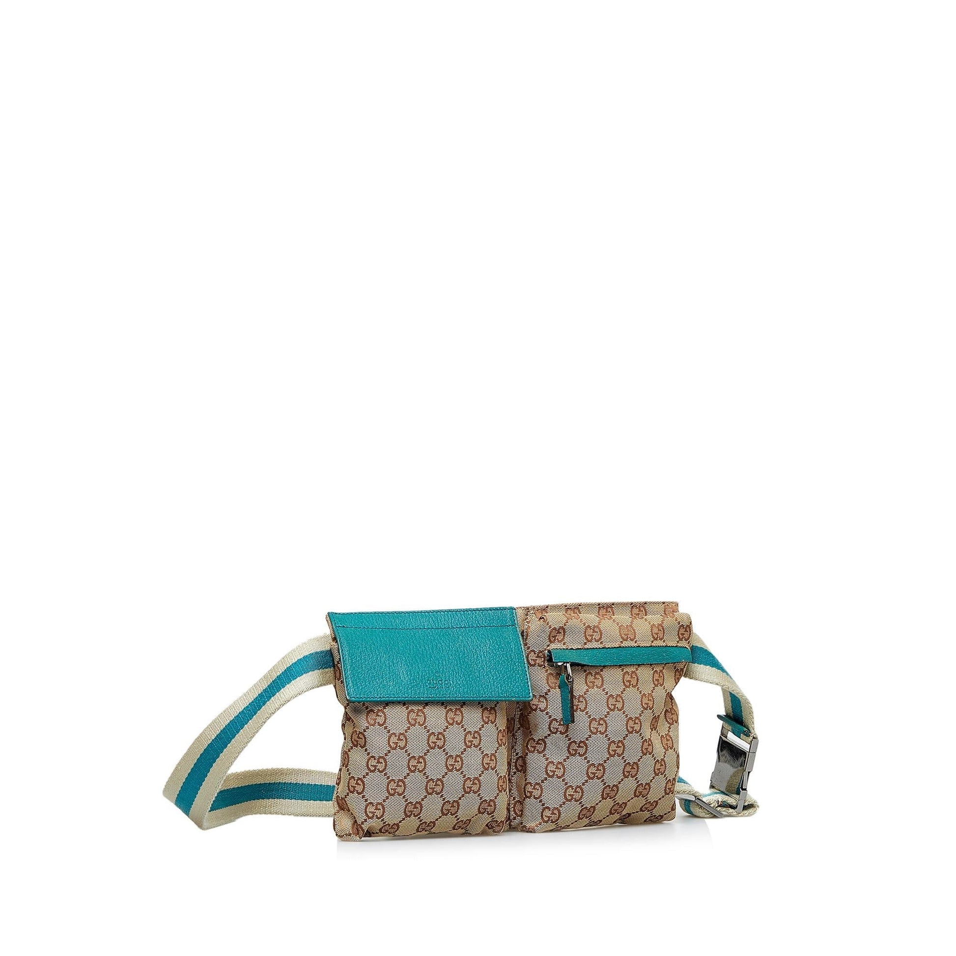 Gucci GG Web Double Pocket Belt Canvas Calf Brown Accessory Shg Fvauzx