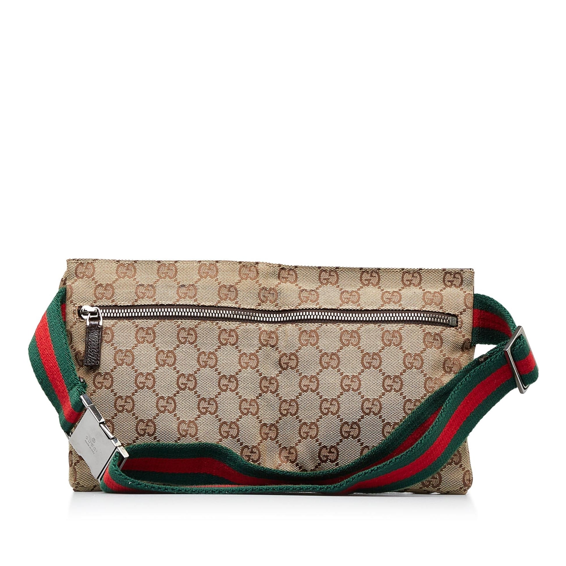 Gucci GG Web Double Pocket Belt Canvas Calf Brown Accessory Shg Yovxpn
