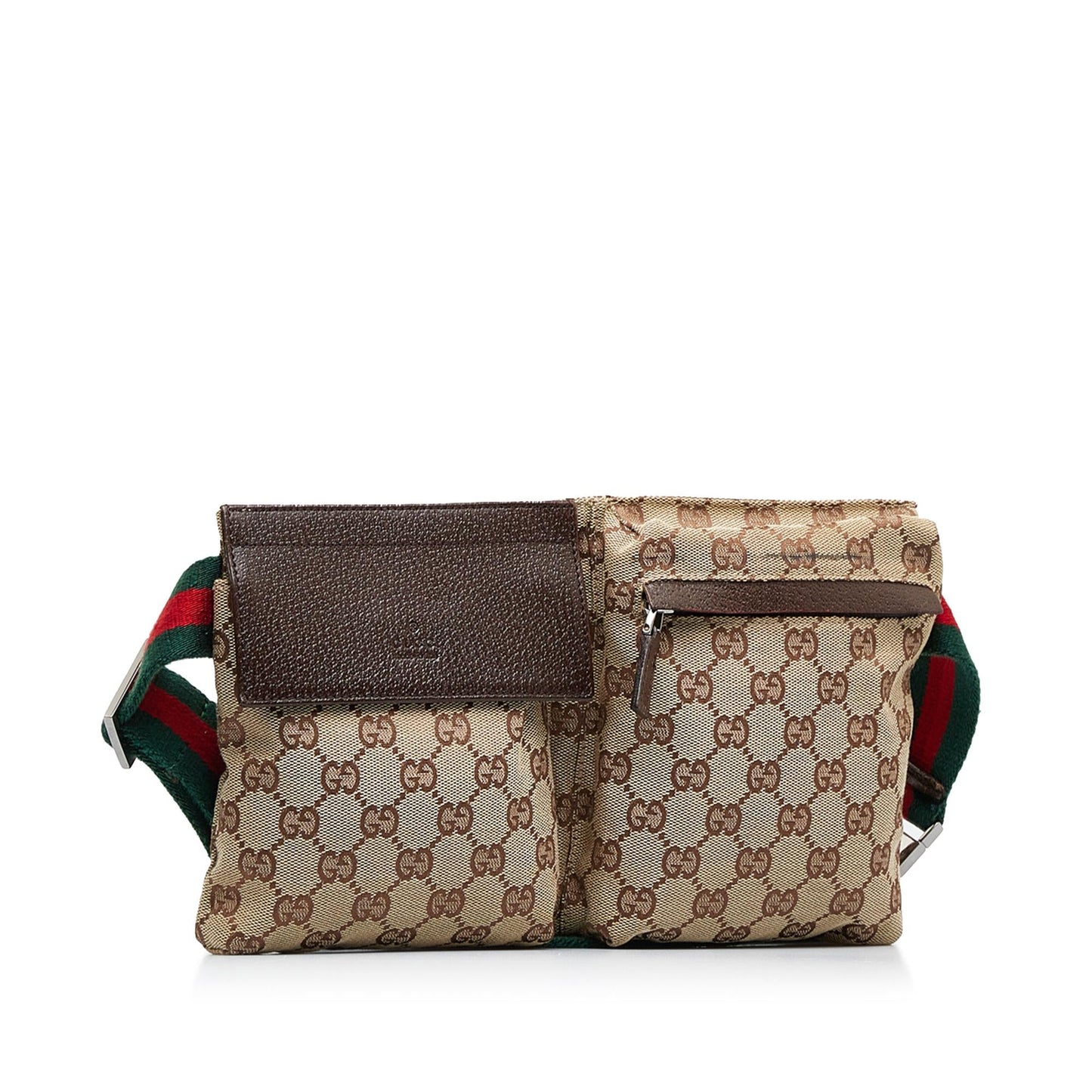 Gucci GG Web Double Pocket Belt Canvas Calf Brown Accessory Shg Yovxpn