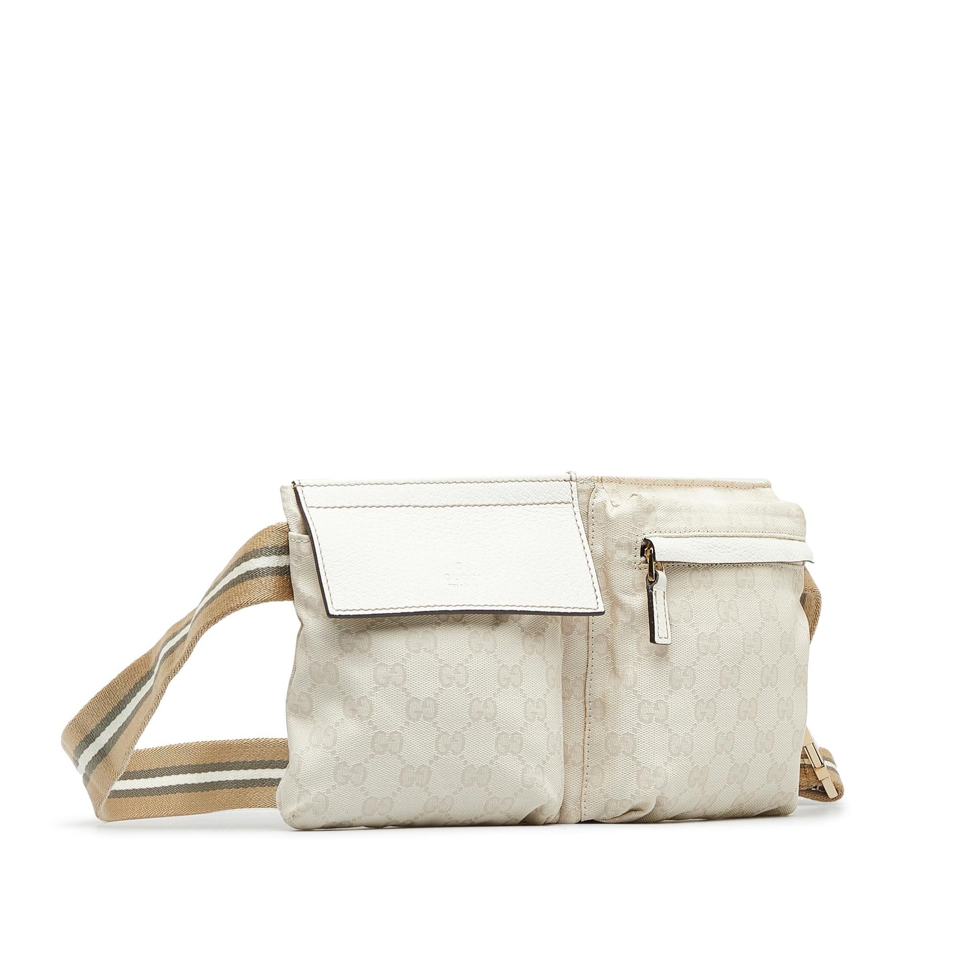 Gucci GG Web Double Pocket Belt Canvas Calf White Accessory