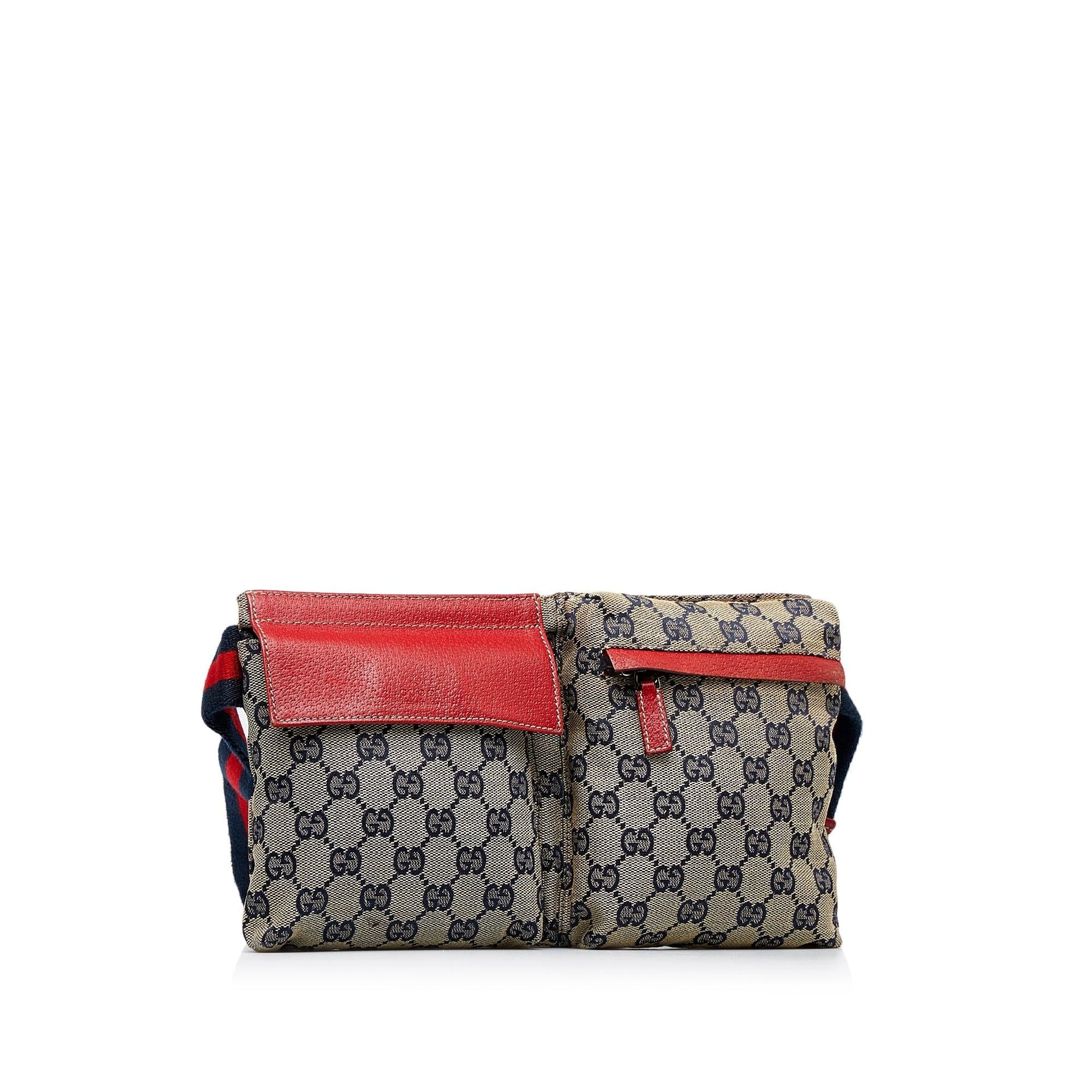 Gucci GG Web Double Pocket Belt Canvas Calf Brown Accessory Shg Hxqmut