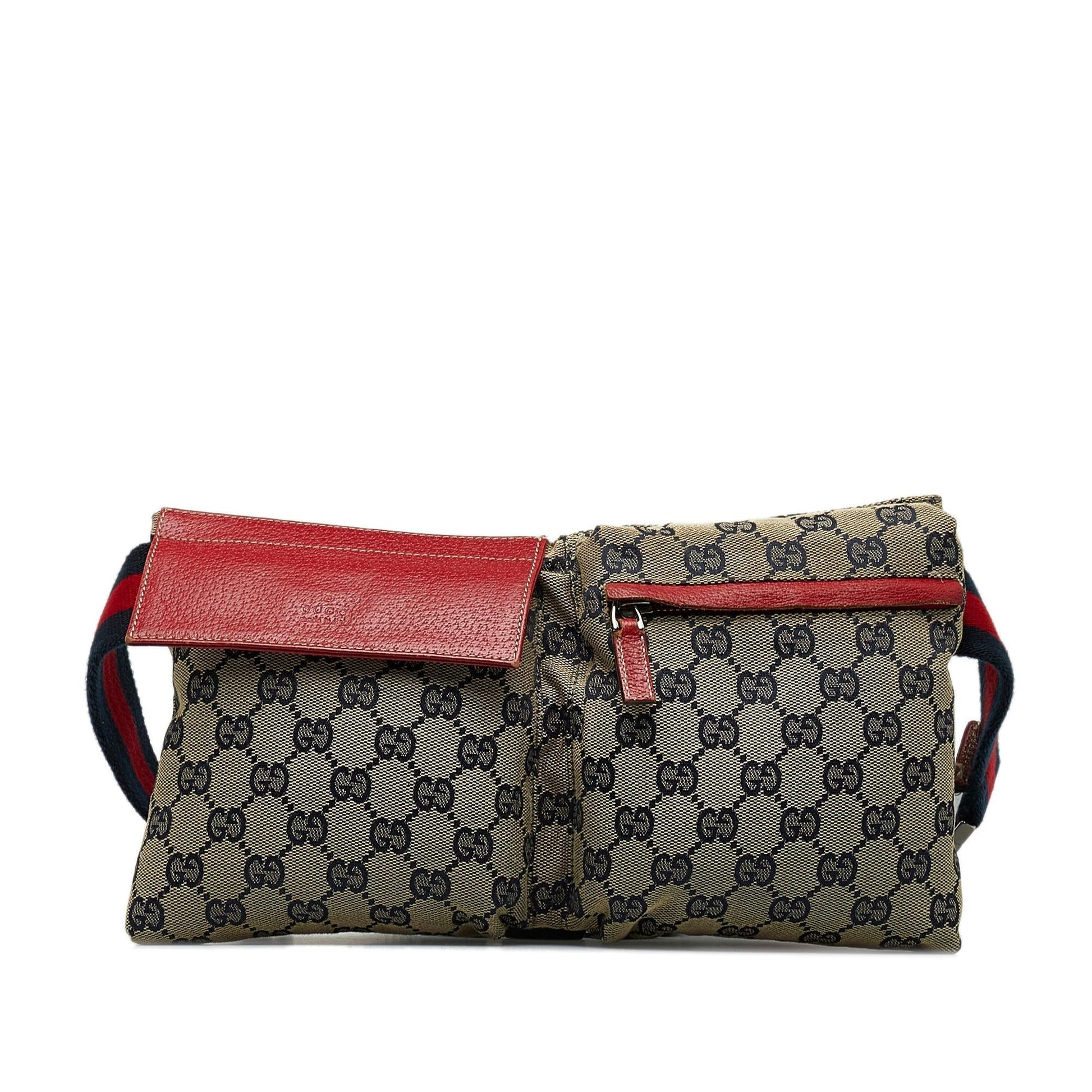Gucci GG Web Double Pocket Belt Canvas Calf Brown Accessory Shg U7Ma9P