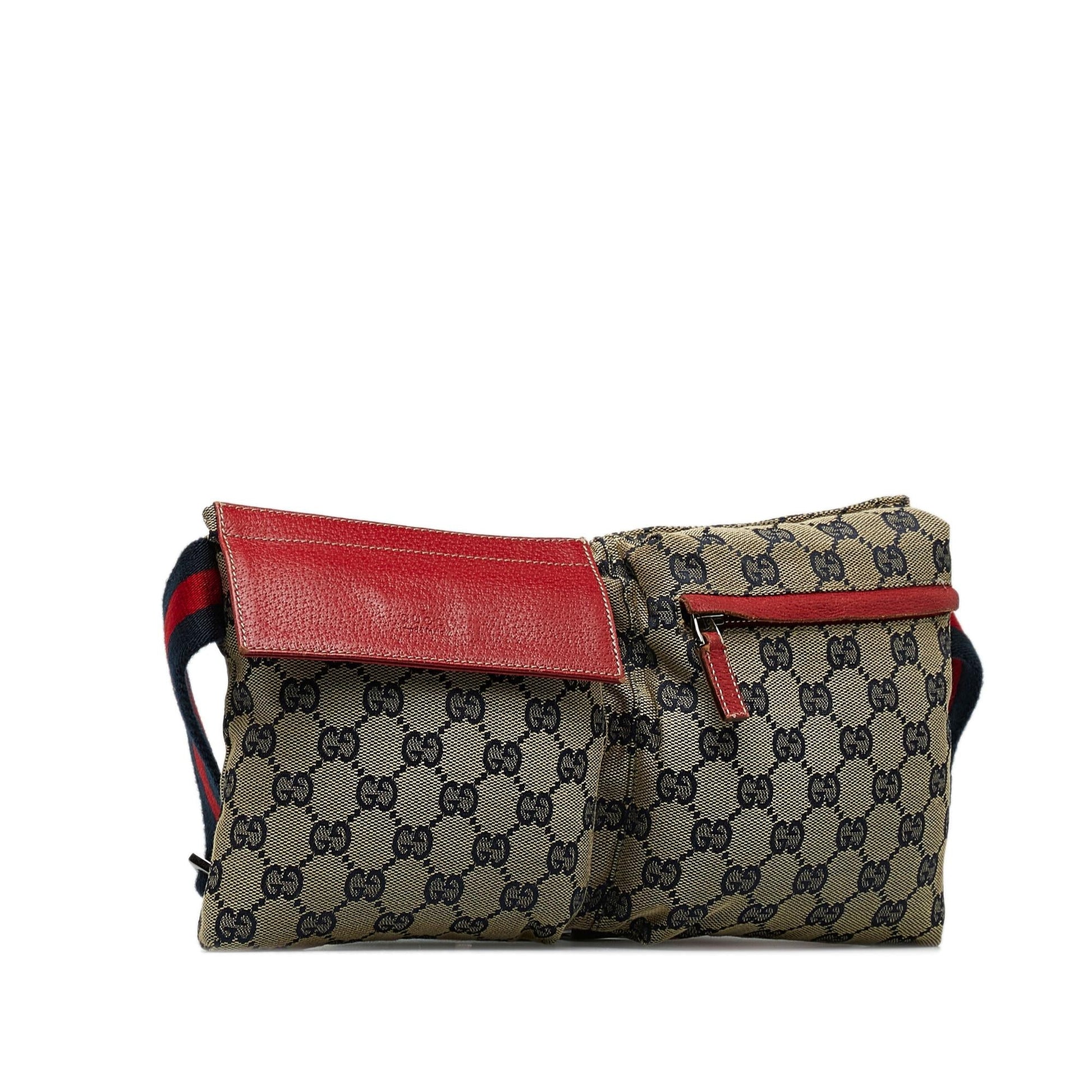 Gucci GG Web Double Pocket Belt Canvas Calf Brown Accessory Shg U7Ma9P