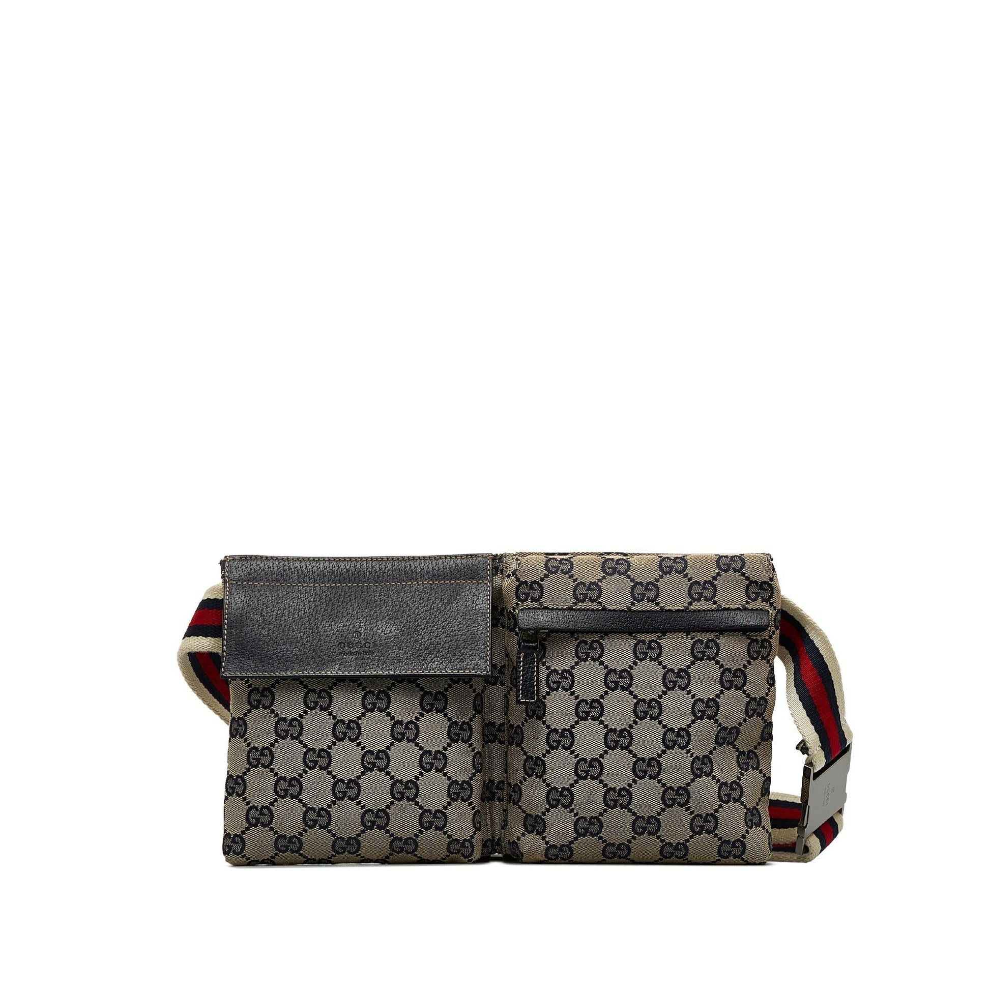 Gucci GG Web Double Pocket Belt Canvas Brown Accessory Shg Velchb