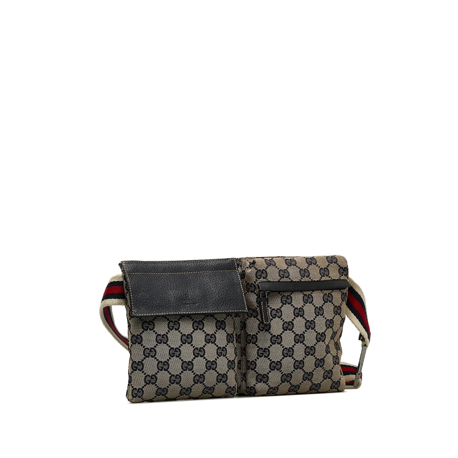 Gucci GG Web Double Pocket Belt Canvas Brown Accessory Shg Velchb