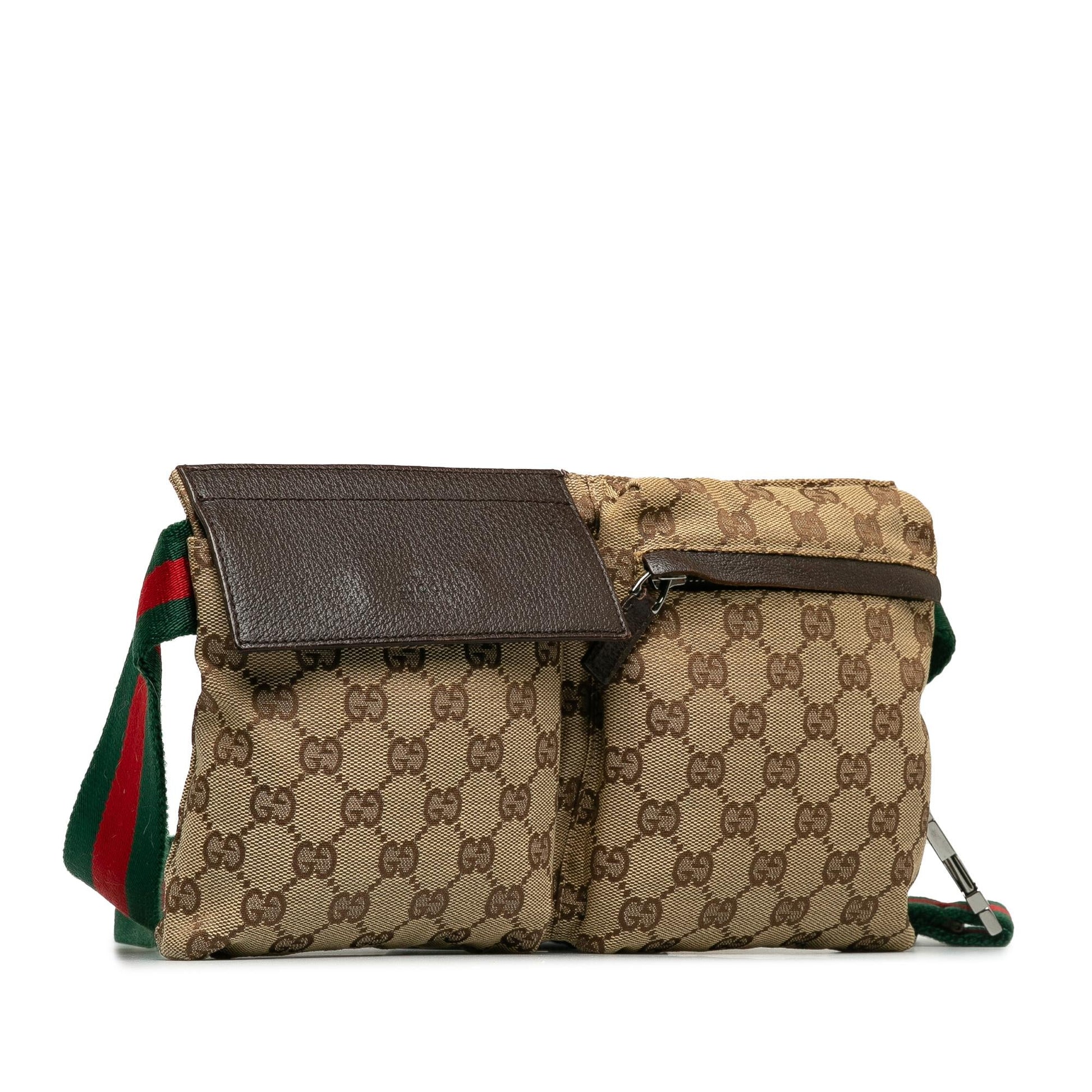 Gucci GG Web Double Pocket Belt Canvas Brown Accessory Shg Mdyem4