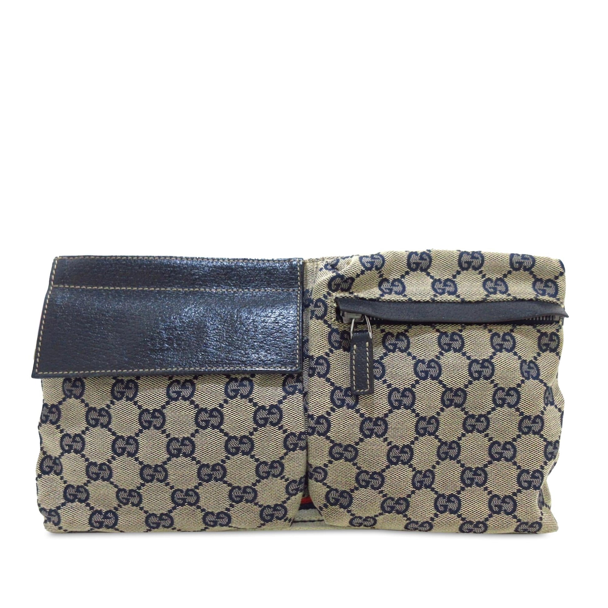 Gucci GG Web Double Pocket Belt Canvas Calf Brown Accessory Shg R2Ckk7