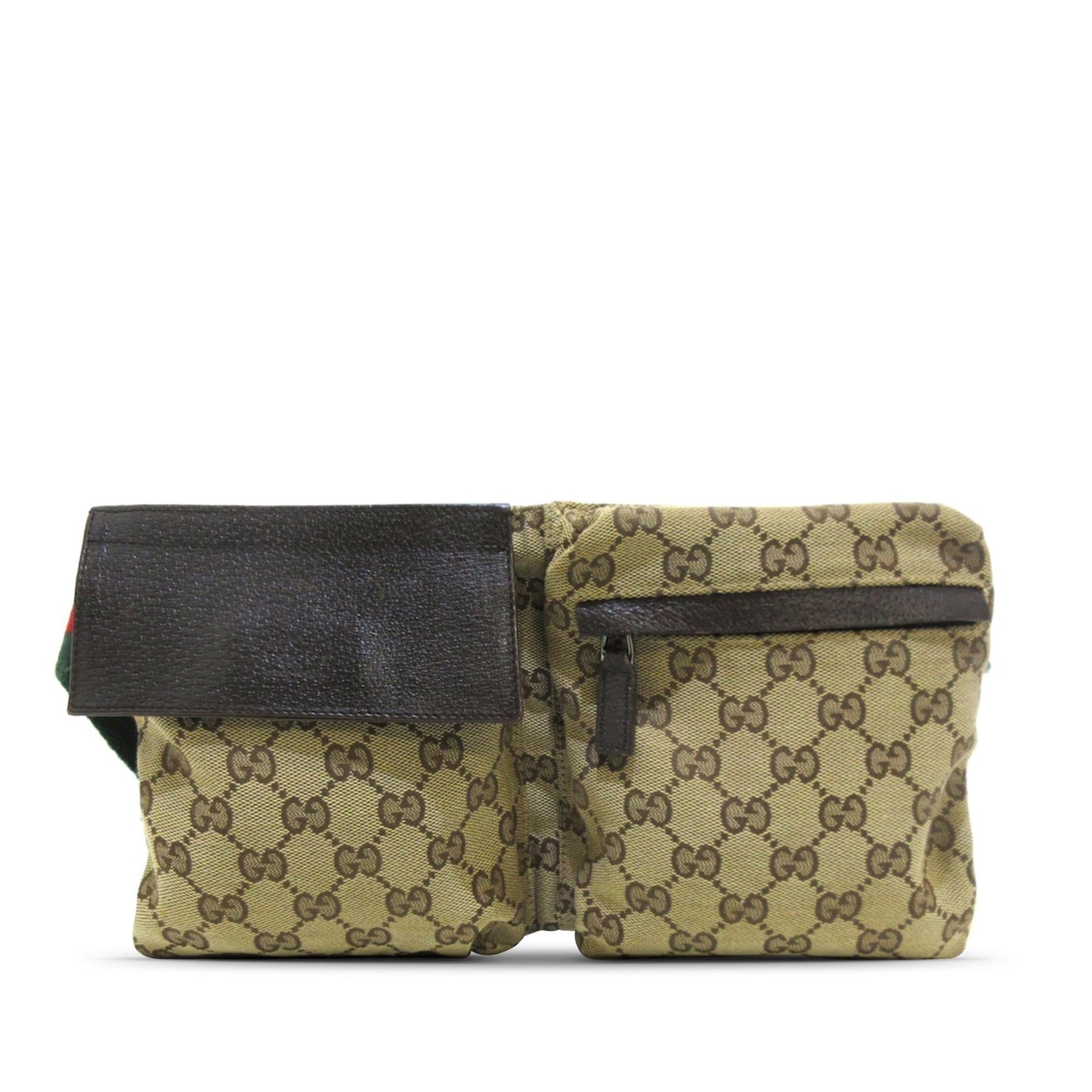 Gucci GG Web Double Pocket Belt Canvas Calf Brown Accessory Shg 8Sdlrv