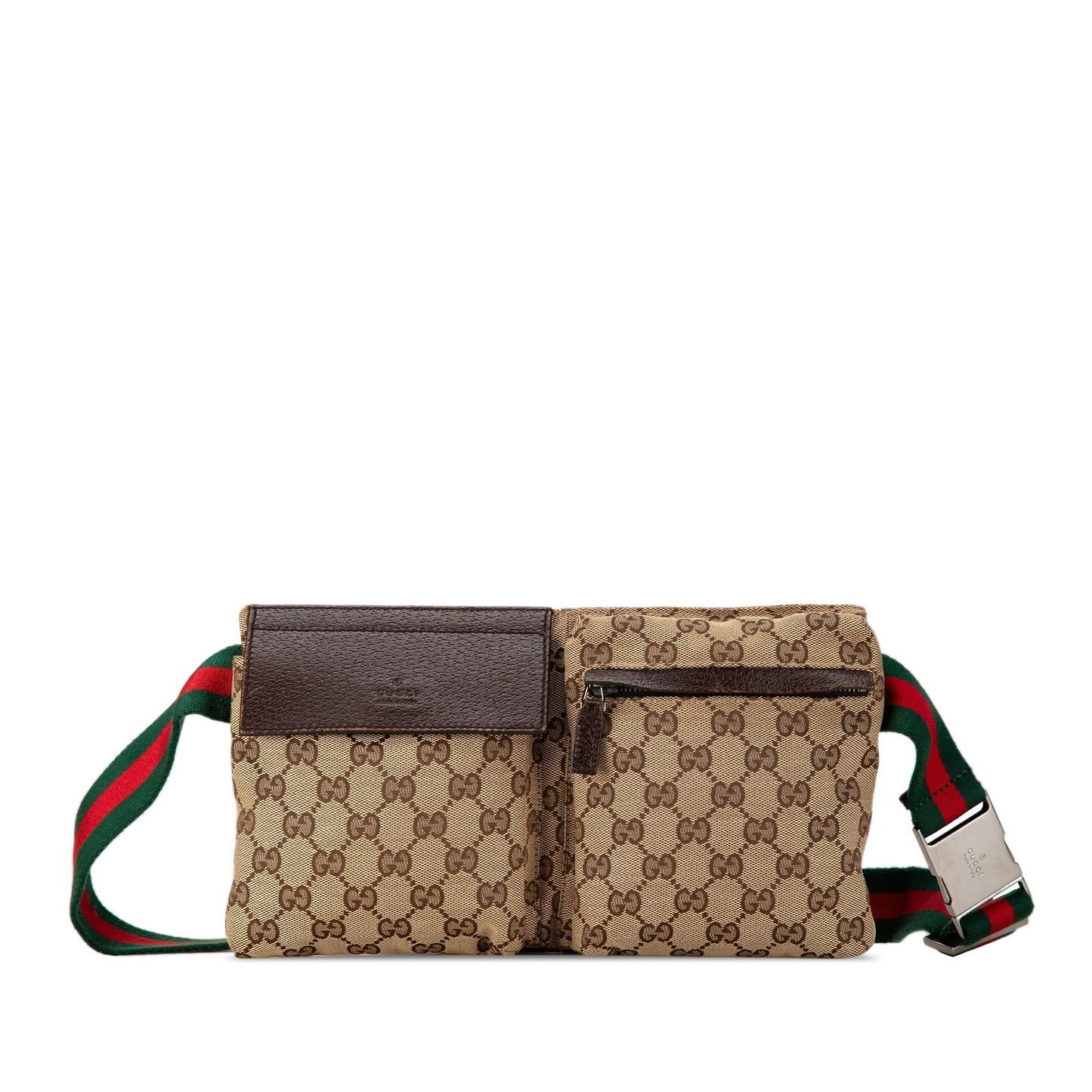 Gucci GG Web Double Pocket Belt Canvas Calf Brown Accessory Shg Ppmgtd