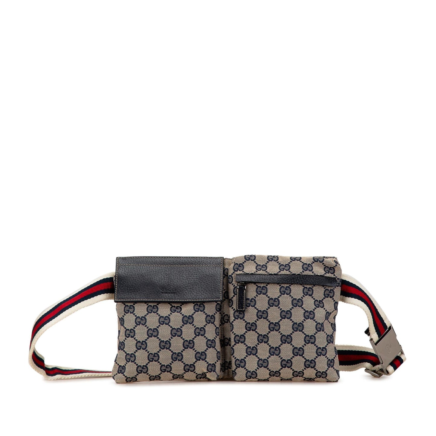Gucci GG Web Double Pocket Belt Canvas Calf Blue Accessory