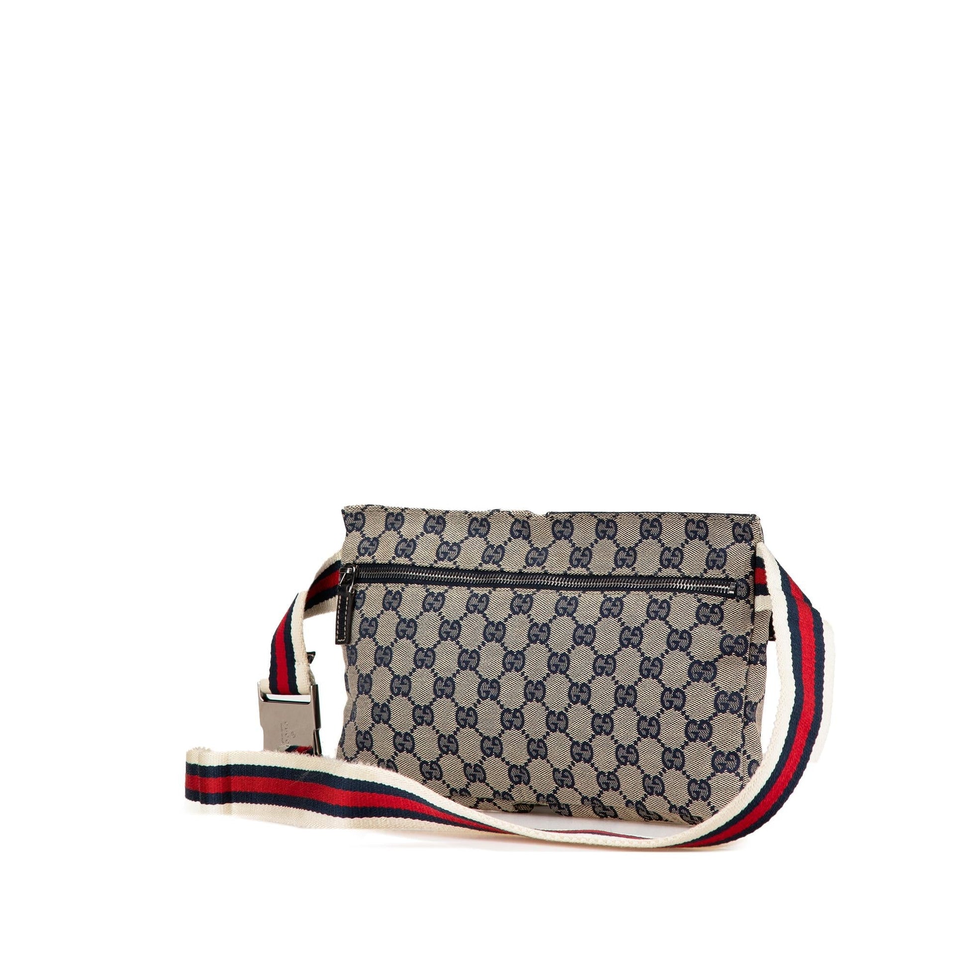 Gucci GG Web Double Pocket Belt Canvas Calf Brown Accessory Belt Bag