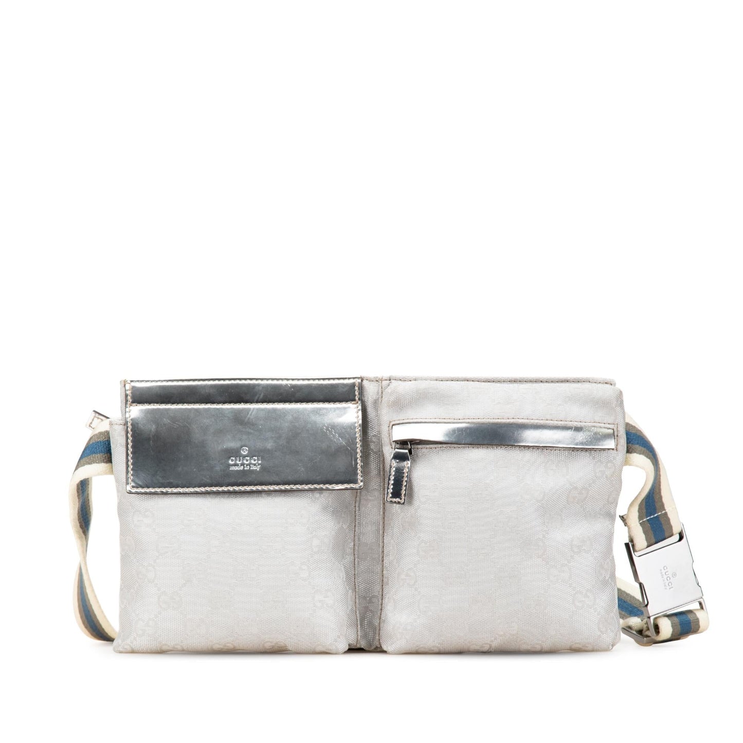 Gucci GG Web Double Pocket Belt Leather Canvas Patent Silver Accessory
